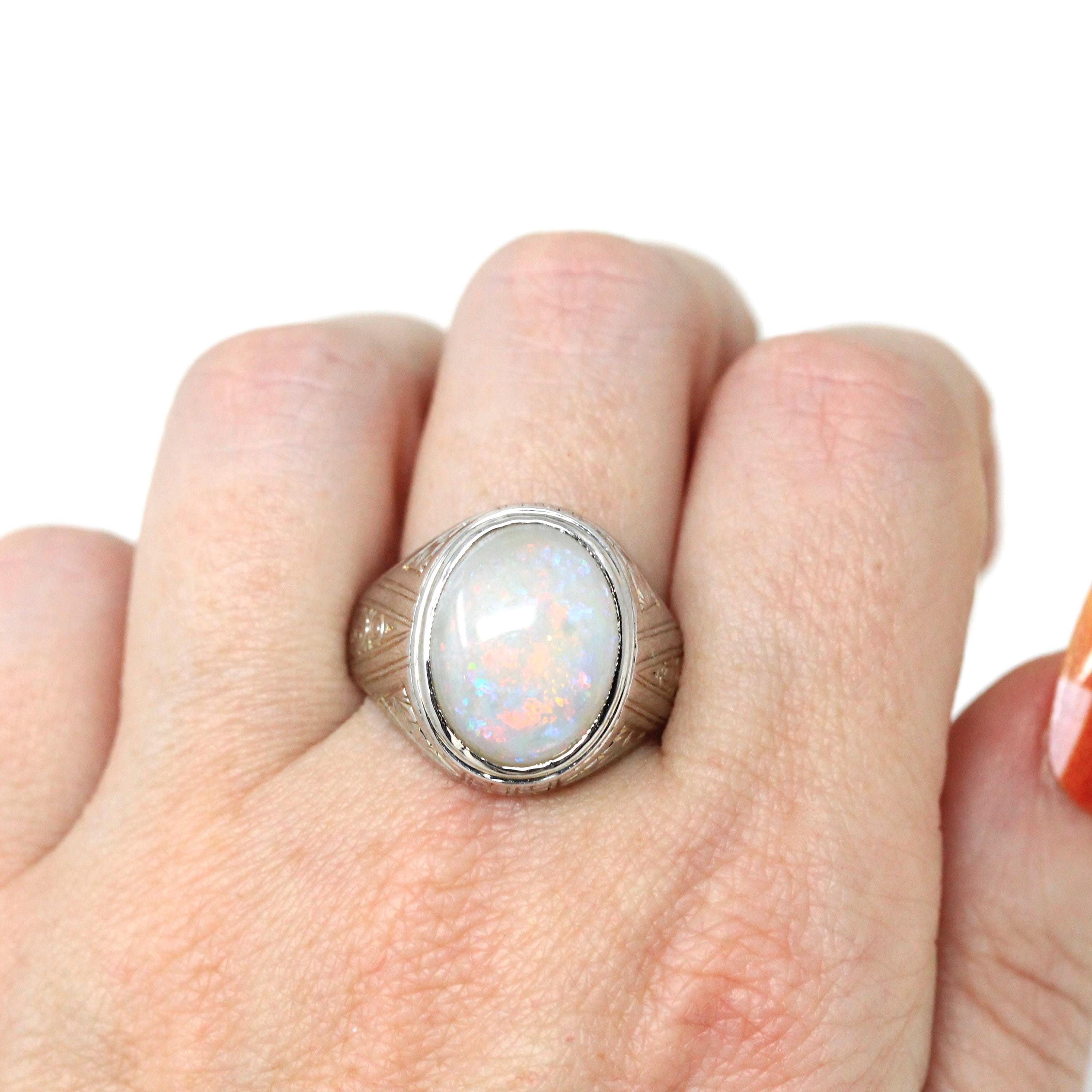 Vintage Opal Ring - Art Deco 14k White Gold Men's Unisex Oval Statement Ring - Circa 1920s Streeter Brothers October Birthstone Fine Jewelry