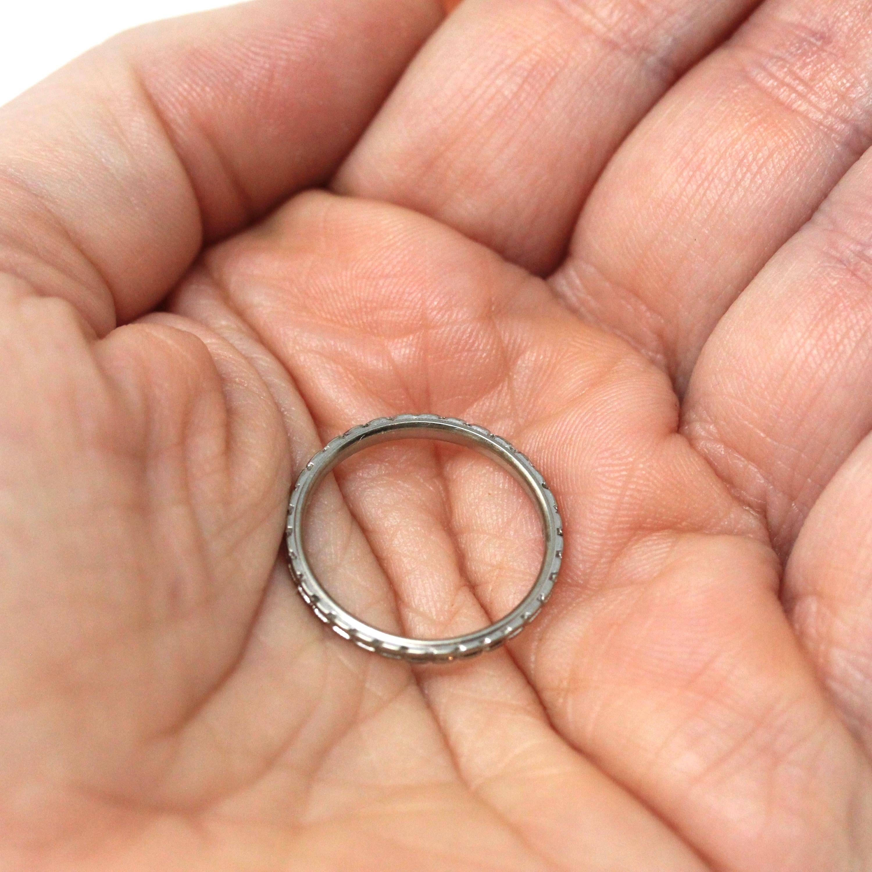 Art Deco Flower Band - Vintage 18k White Gold Geometric Eternity Ring - Circa 1930s Era Wedding Size 6 Bridal White Rose Fine 30s Jewelry