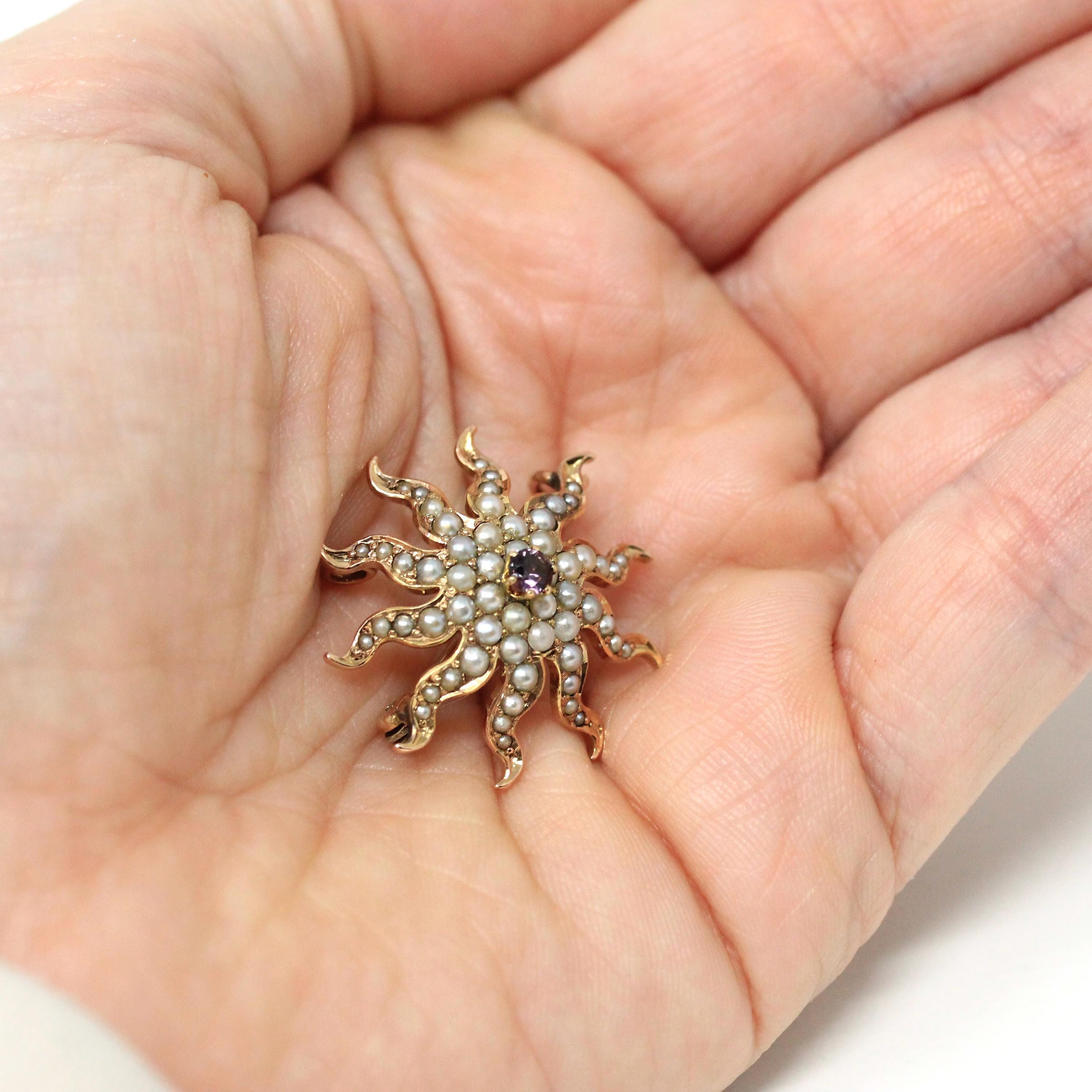 Antique Starburst Brooch - Victorian 10k Yellow Gold Seed Pearl