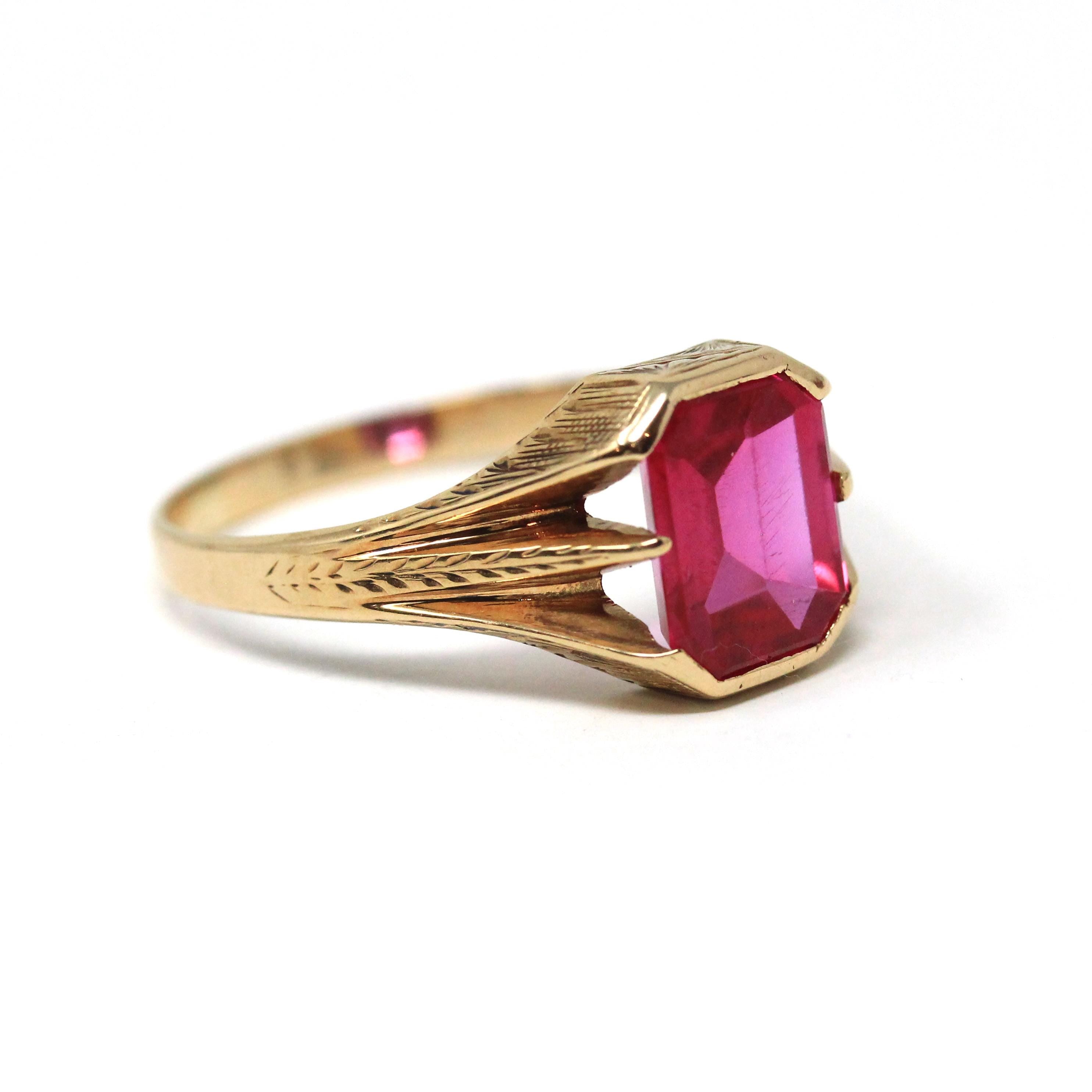 Created Ruby Ring - Art Deco 14k Yellow Gold Emerald Cut Red Gemstone - Vintage Circa 1930s Era Size 12 1/2 July Birthstone Fine Jewelry