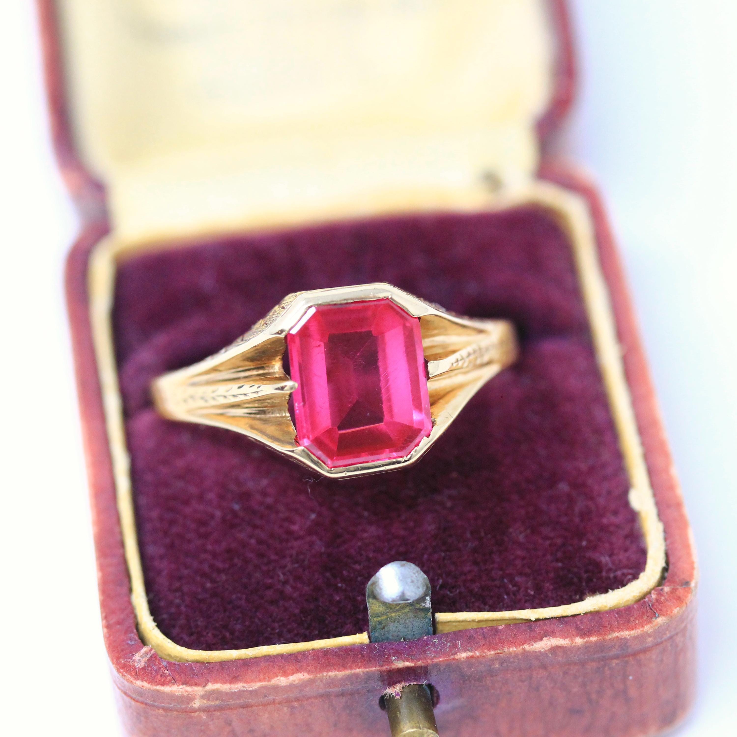 Created Ruby Ring - Art Deco 14k Yellow Gold Emerald Cut Red Gemstone - Vintage Circa 1930s Era Size 12 1/2 July Birthstone Fine Jewelry