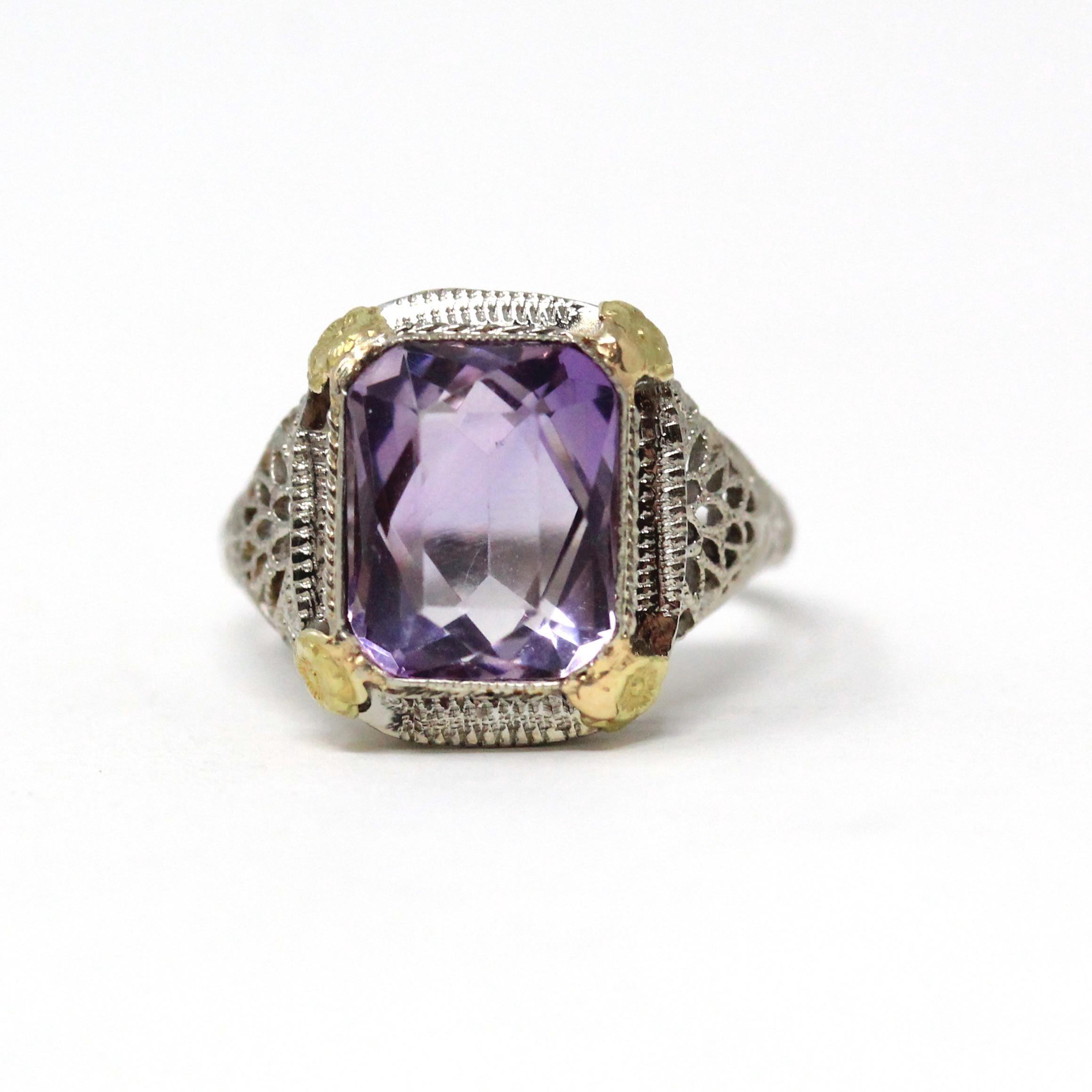 Antique Amethyst Ring - Art Deco 14k White Gold Filigree Natural Purple Gemstone - Circa 1920s Era Size 5 3/4 Floral Two Tone Fine Jewelry