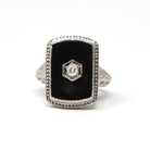 Onyx Filigree Ring - Art Deco Era 14k White Gold Natural .08 CT Diamond Accent - Vintage Circa 1930s Size 5 1/2 Black Chalcedony Jewelry