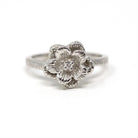 Modern Flower Ring - Estate 14k White Gold Natural Round Brilliant Cut Diamond - Vintage Circa 1990s Era Size 5 Fine Statement Jewelry