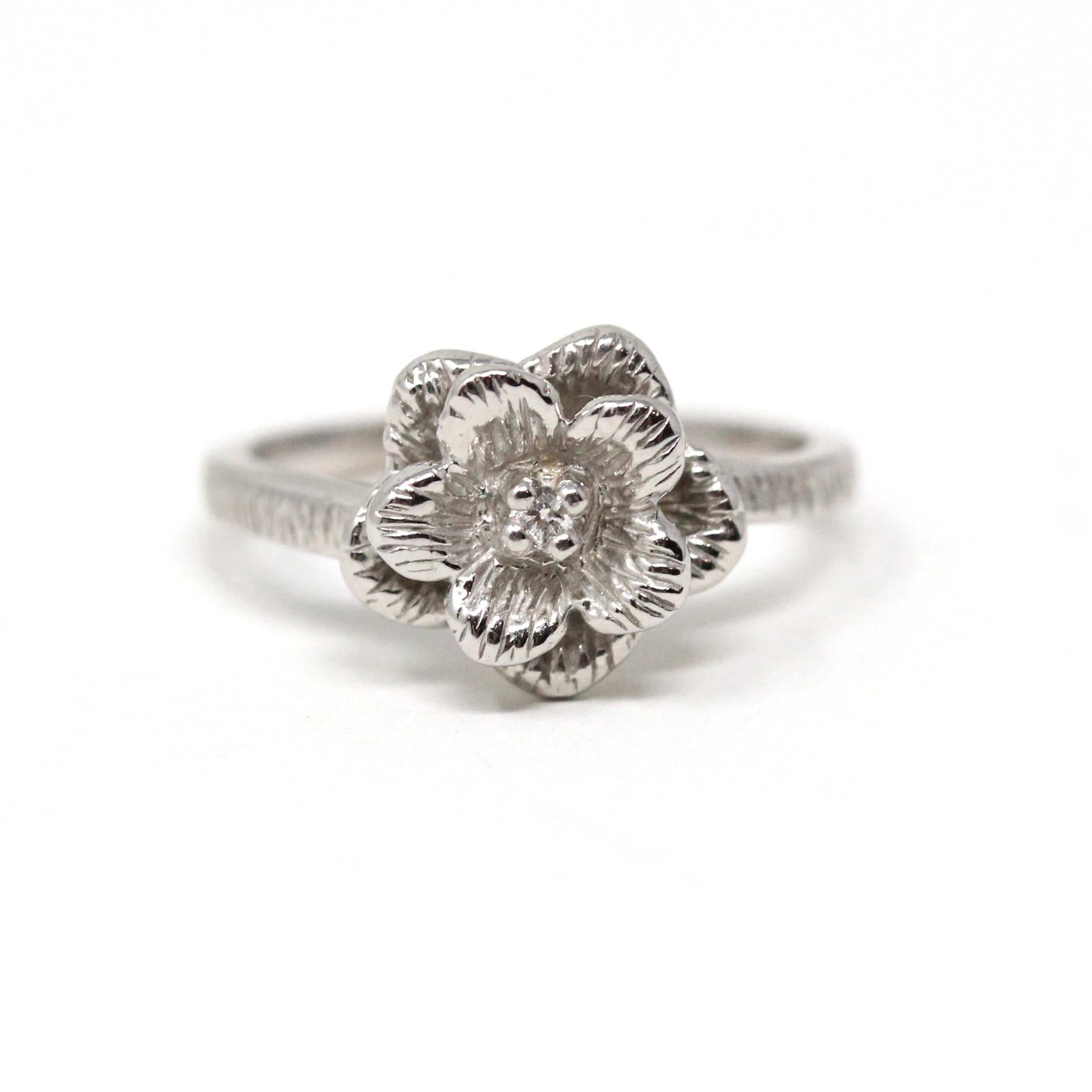Modern Flower Ring - Estate 14k White Gold Natural Round Brilliant Cut Diamond - Vintage Circa 1990s Era Size 5 Fine Statement Jewelry