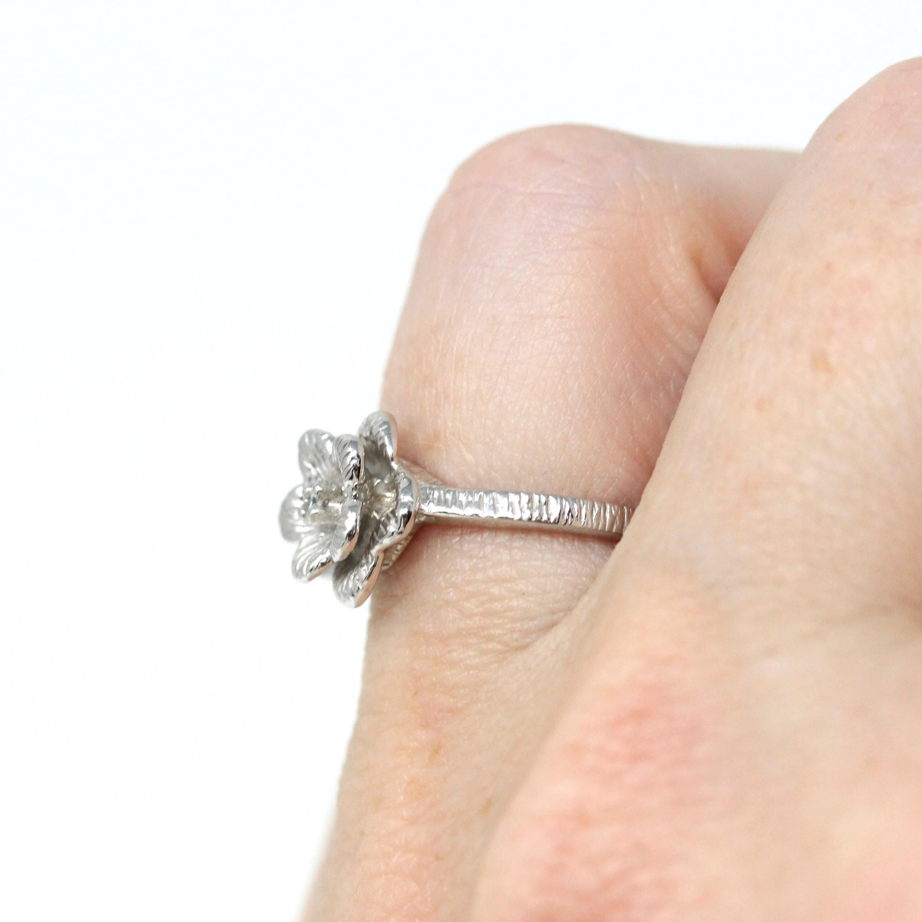 Modern Flower Ring - Estate 14k White Gold Natural Round Brilliant Cut Diamond - Vintage Circa 1990s Era Size 5 Fine Statement Jewelry