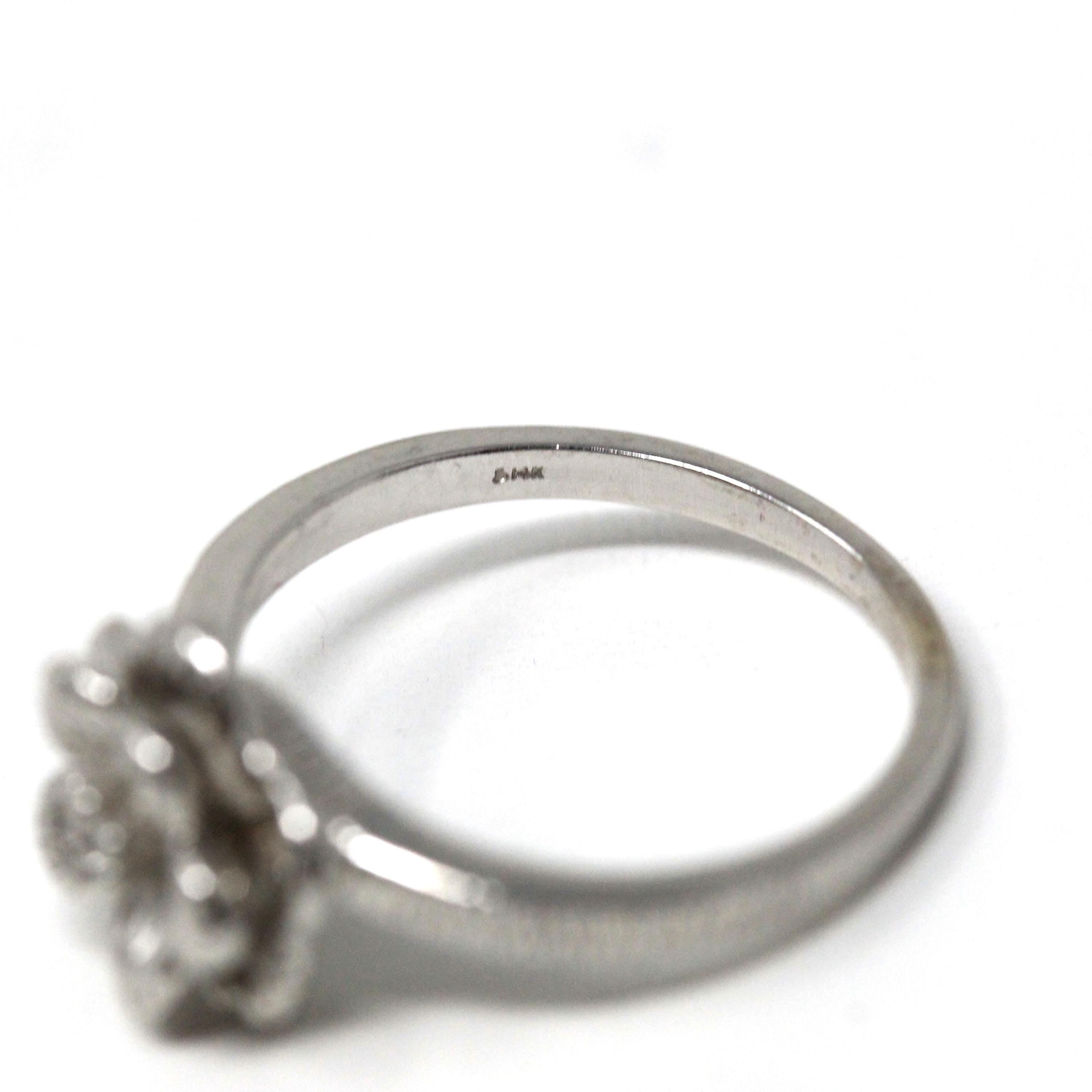 Modern Flower Ring - Estate 14k White Gold Natural Round Brilliant Cut Diamond - Vintage Circa 1990s Era Size 5 Fine Statement Jewelry