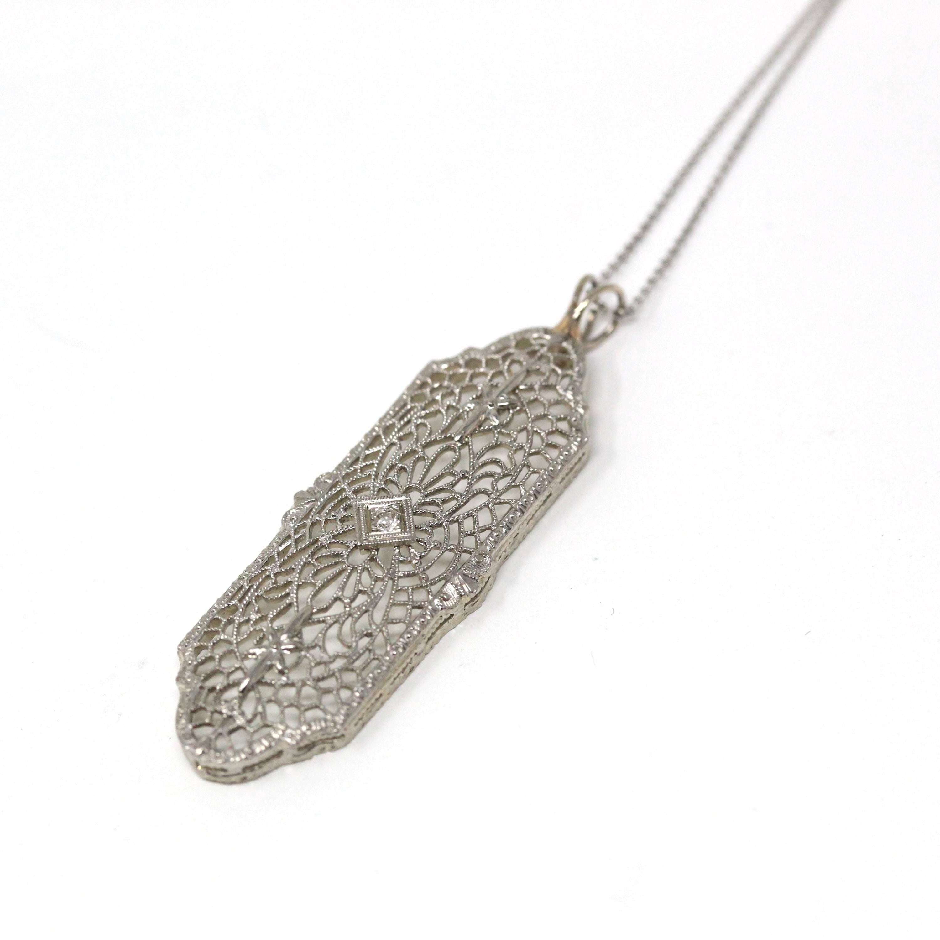 Art Deco Necklace - Vintage 14k White Gold Natural Diamond Filigree Elongated Pendant - Circa 1930s Conversion Bridal Fine Wedding Jewelry
