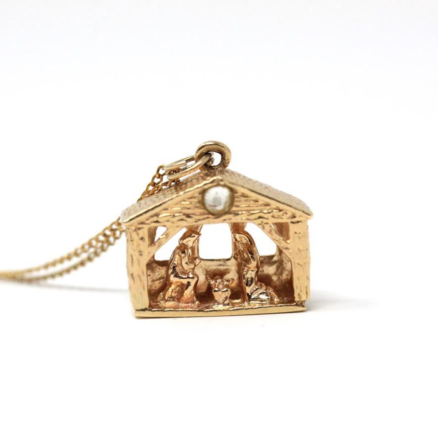 Lord's Prayer Manger Charm - Modern Era 14k Yellow Gold Stable Pendant & Viewing Window - Estate Circa 1990s Era Christianity Fine Jewelry