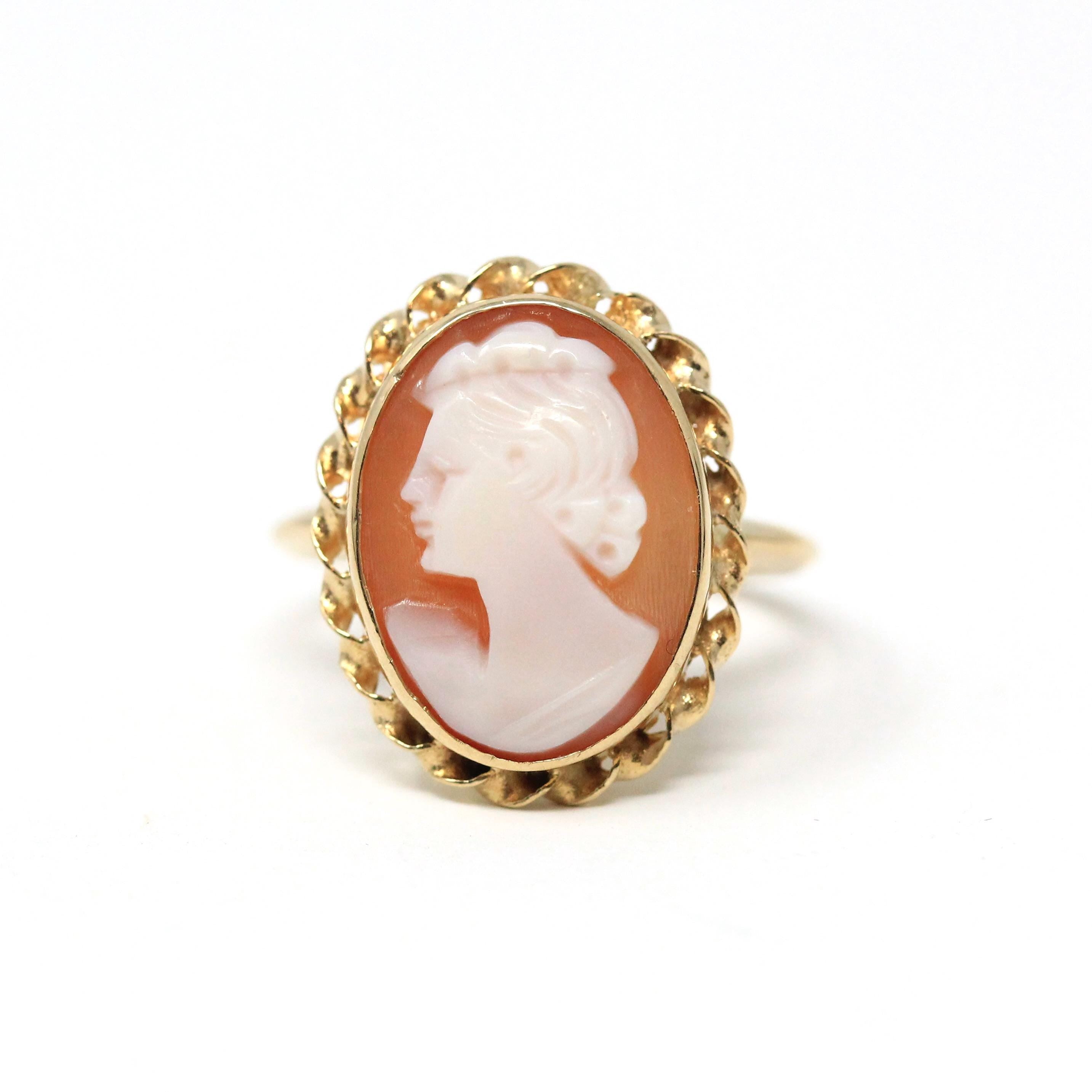 Vintage Cameo Ring - Retro 14k Yellow Gold Orange White Genuine Carved Gem - Circa 1940s Size 6 Woman Portrait Twisted Rope Fine 40s Jewelry