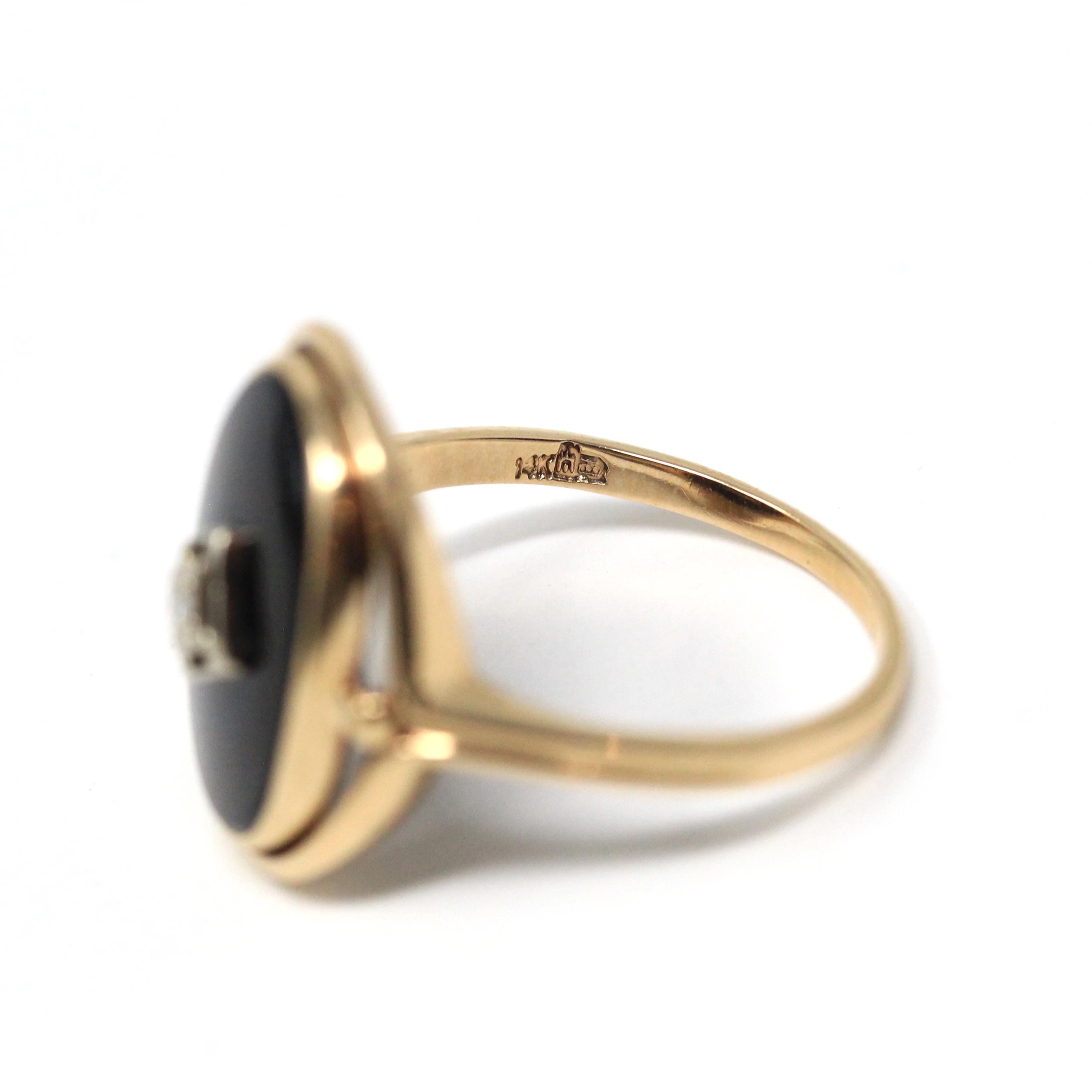 Art Deco Onyx Ring - Vintage 14k Yellow Gold Oval Black Chalcedony & Natural Diamond - Circa 1930s Era Size 7 3/4 Fine Statement Jewelry