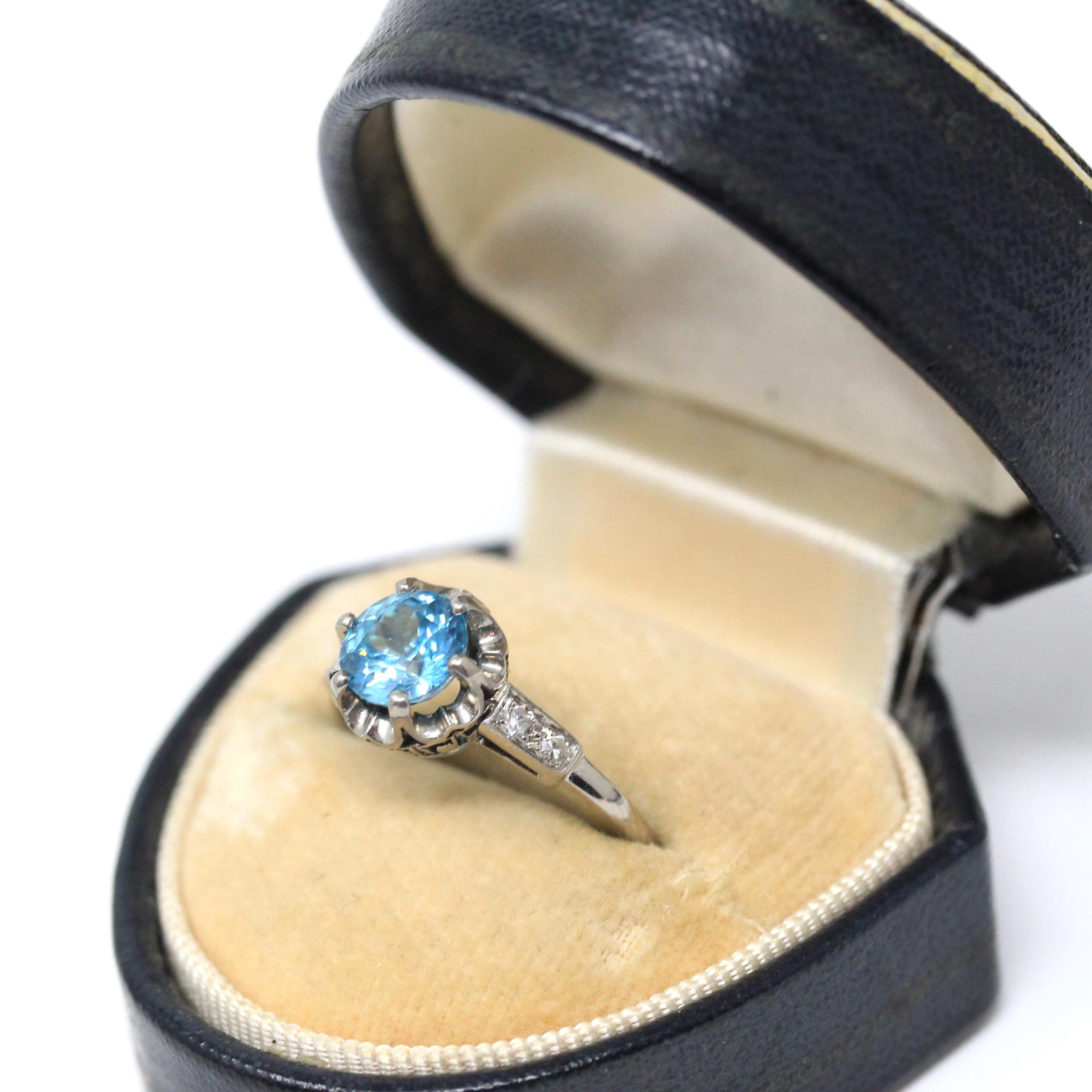 Mid Century Zircon Ring - Vintage 18k White Gold Natural Blue Gemstone Diamonds - Circa 1950s Size 5 Fine December Birthstone Bridal Jewelry
