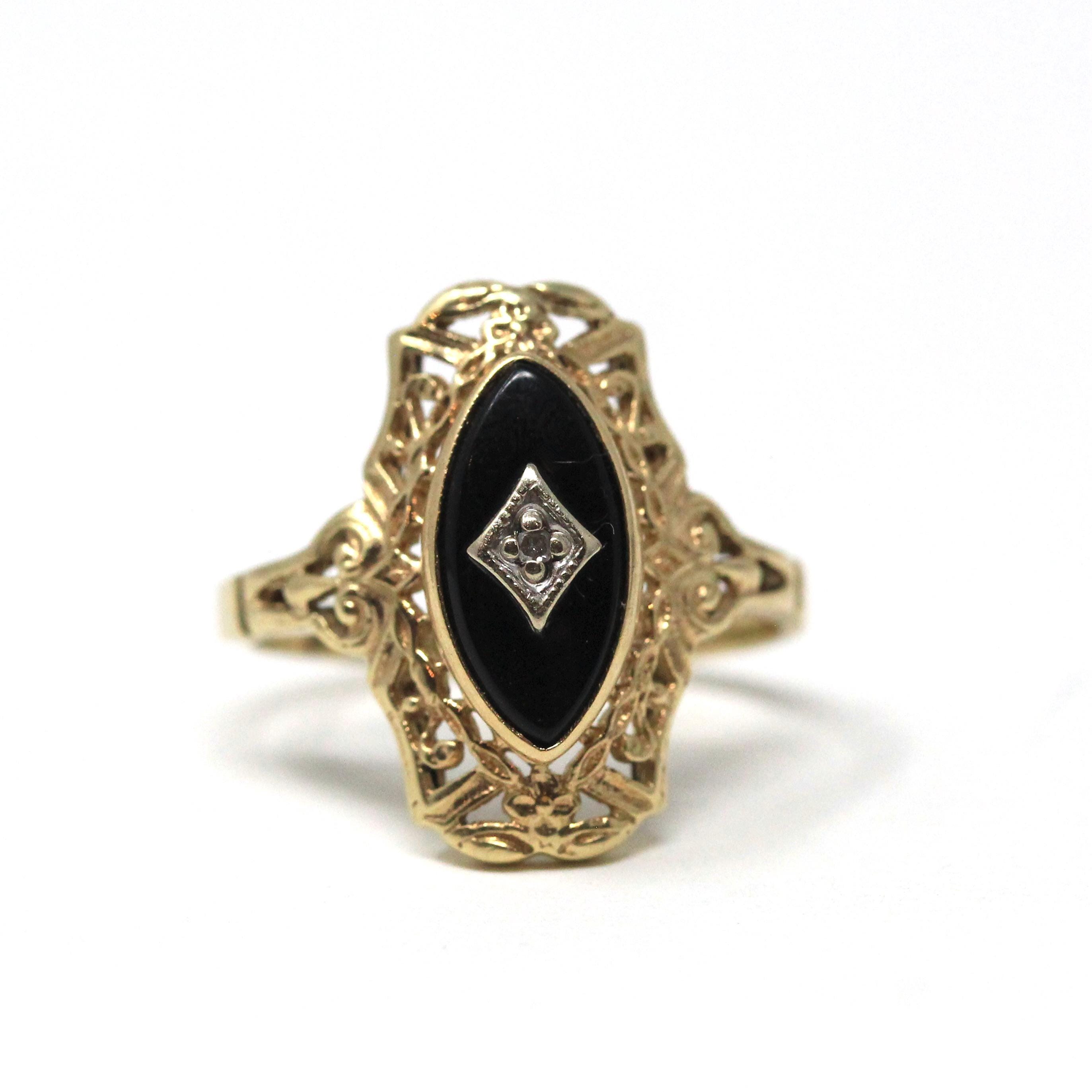 Onyx Filigree Ring - Mid Century 10k Yellow Gold Marquise Black Chalcedony Gem - Vintage Circa 1940s Era Size 6 Diamond Accent Fine Jewelry