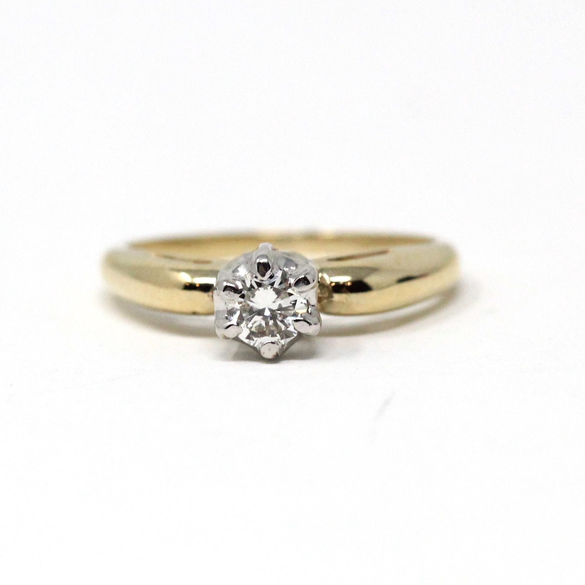 Diamond Solitaire Ring - Retro 14k Yellow & White Gold Natural .20 CT Gemstone - Vintage Circa 1960s Era Size 4.5 Fine Engagement Jewelry