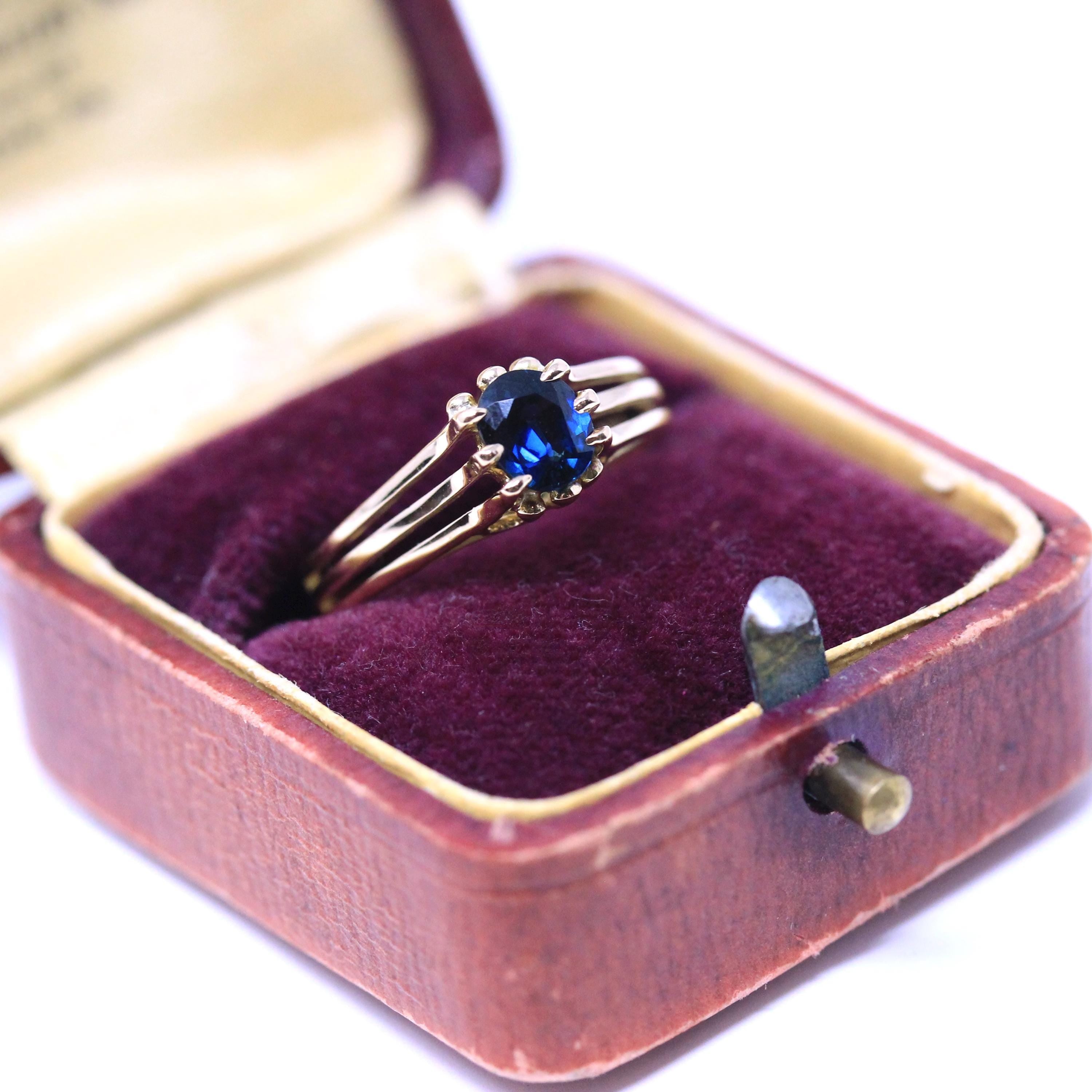 Estate Sapphire Ring - Modern 14k Yellow Gold Natural Blue Gemstone Solitaire - Circa 2000s Size 6 1/4 Engagement Split Shank Fine Jewelry