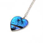 Morpho Butterfly Pendant - Mid Century Sterling Silver Blue Wing Heart Necklace - Vintage Circa 1940s Era Palm Tree Beach Sunset Jewelry