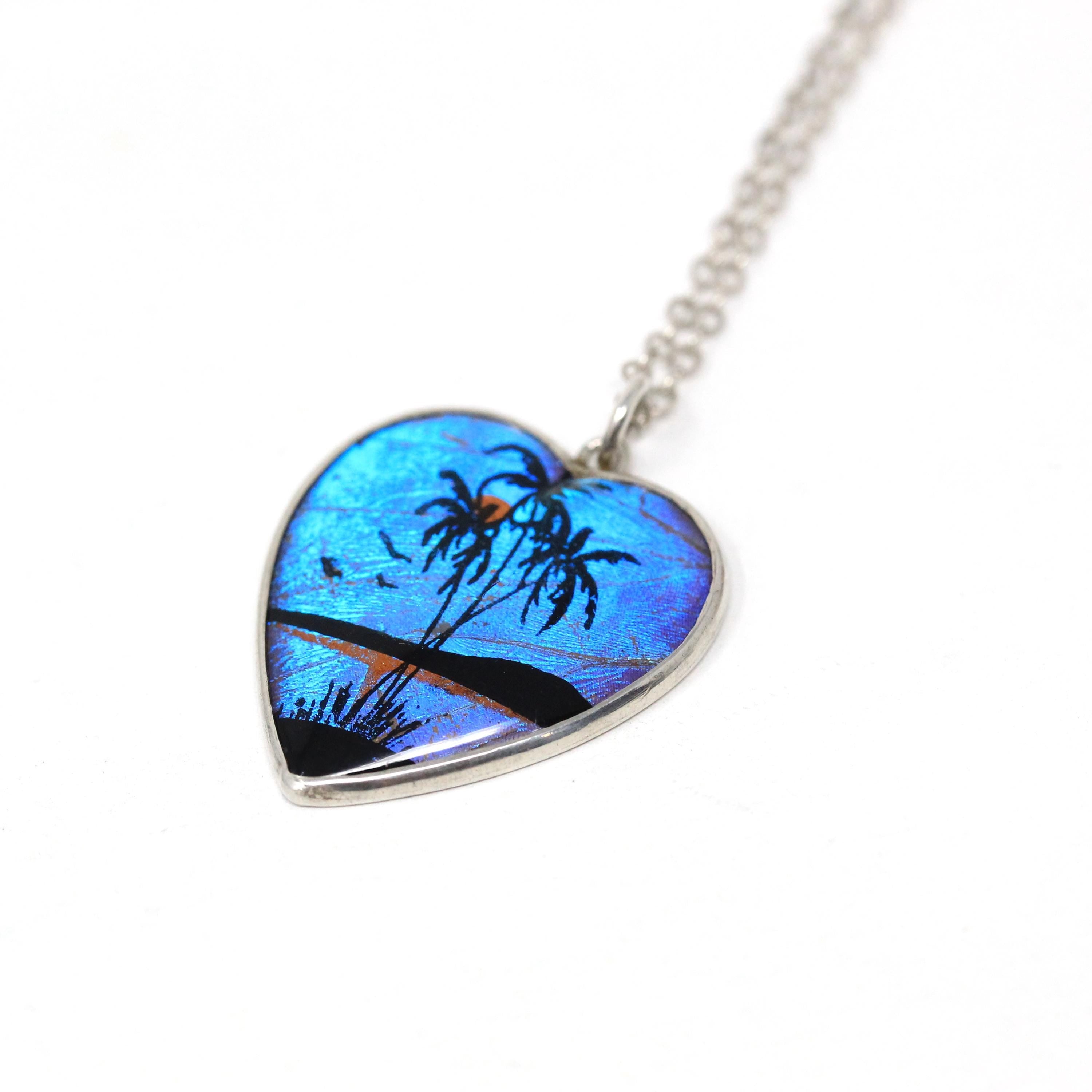 Morpho Butterfly Pendant - Mid Century Sterling Silver Blue Wing Heart Necklace - Vintage Circa 1940s Era Palm Tree Beach Sunset Jewelry