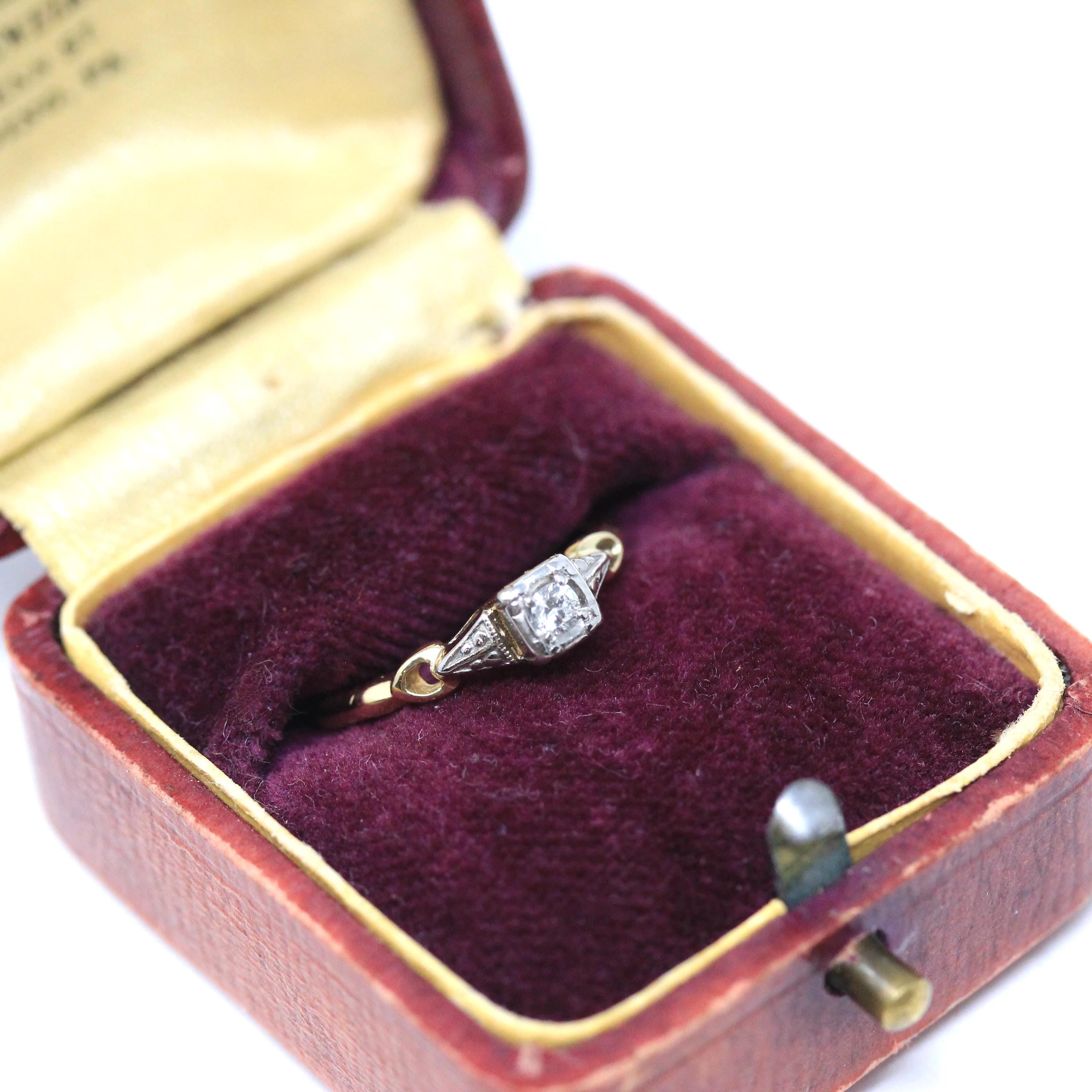 Vintage Diamond Ring - Mid Century 14k Yellow Gold and Palladium Two Tone Band - Circa 1940s Era Size 3 1/4 Illusion Fine Engagement Jewelry