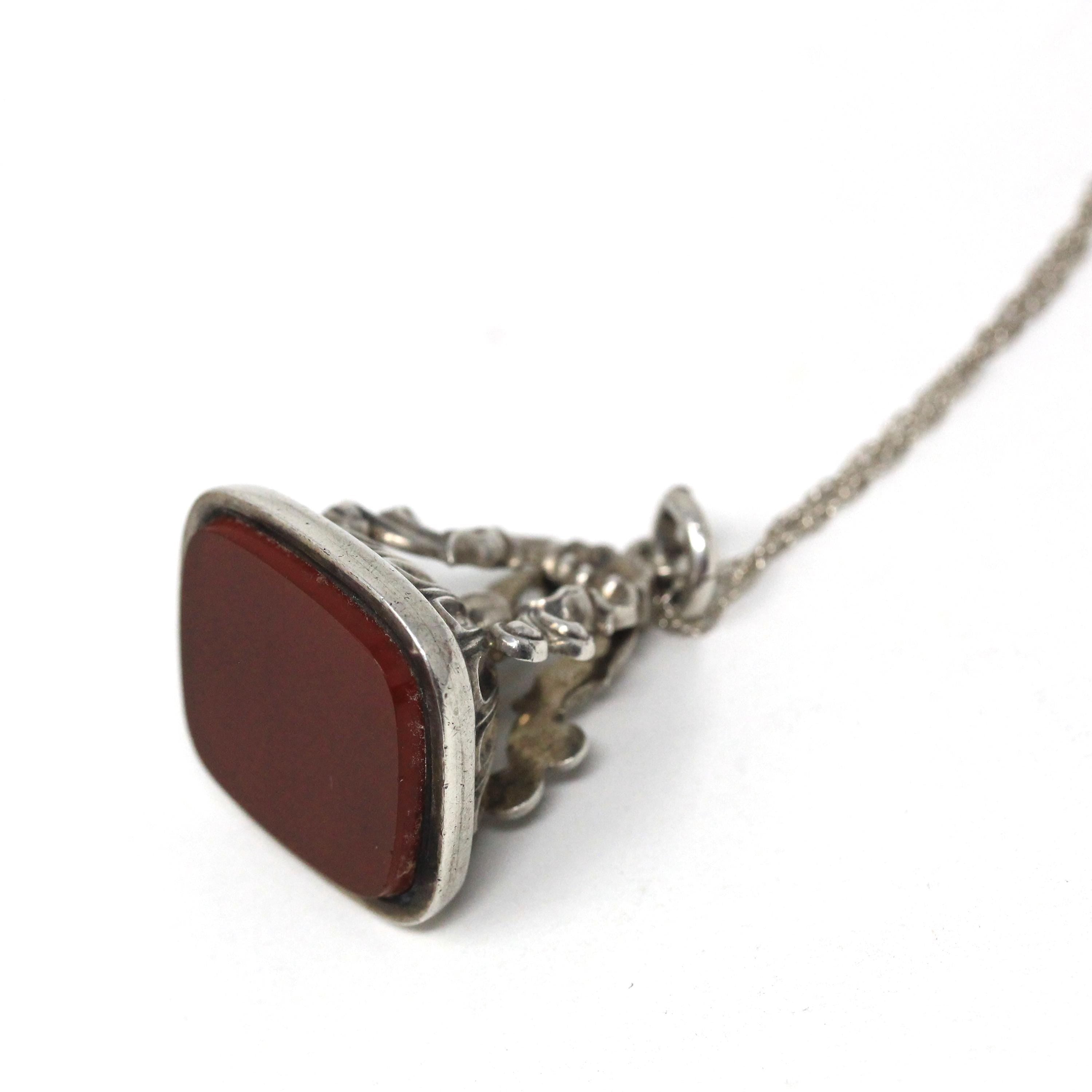 Antique Carnelian Fob - Victorian Sterling Silver Ornate Repousse Style Charm - Circa 1890s Era Pocket Watch Fashion Accessory Jewelry