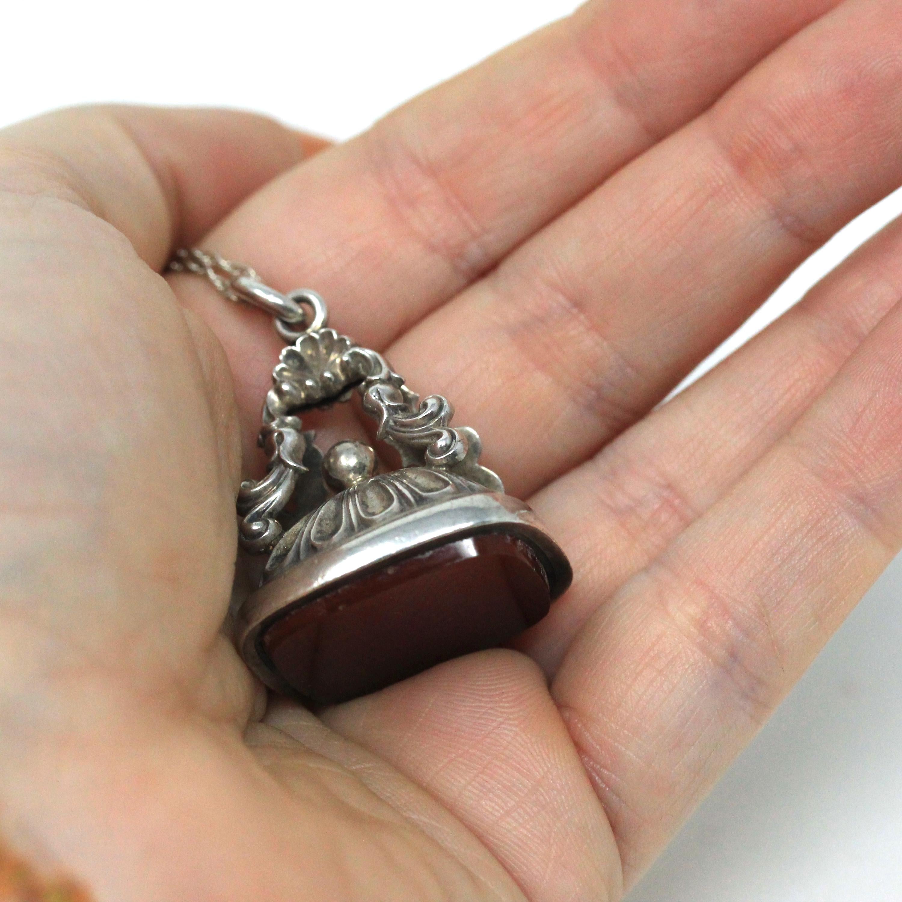 Antique Carnelian Fob - Victorian Sterling Silver Ornate Repousse Style Charm - Circa 1890s Era Pocket Watch Fashion Accessory Jewelry