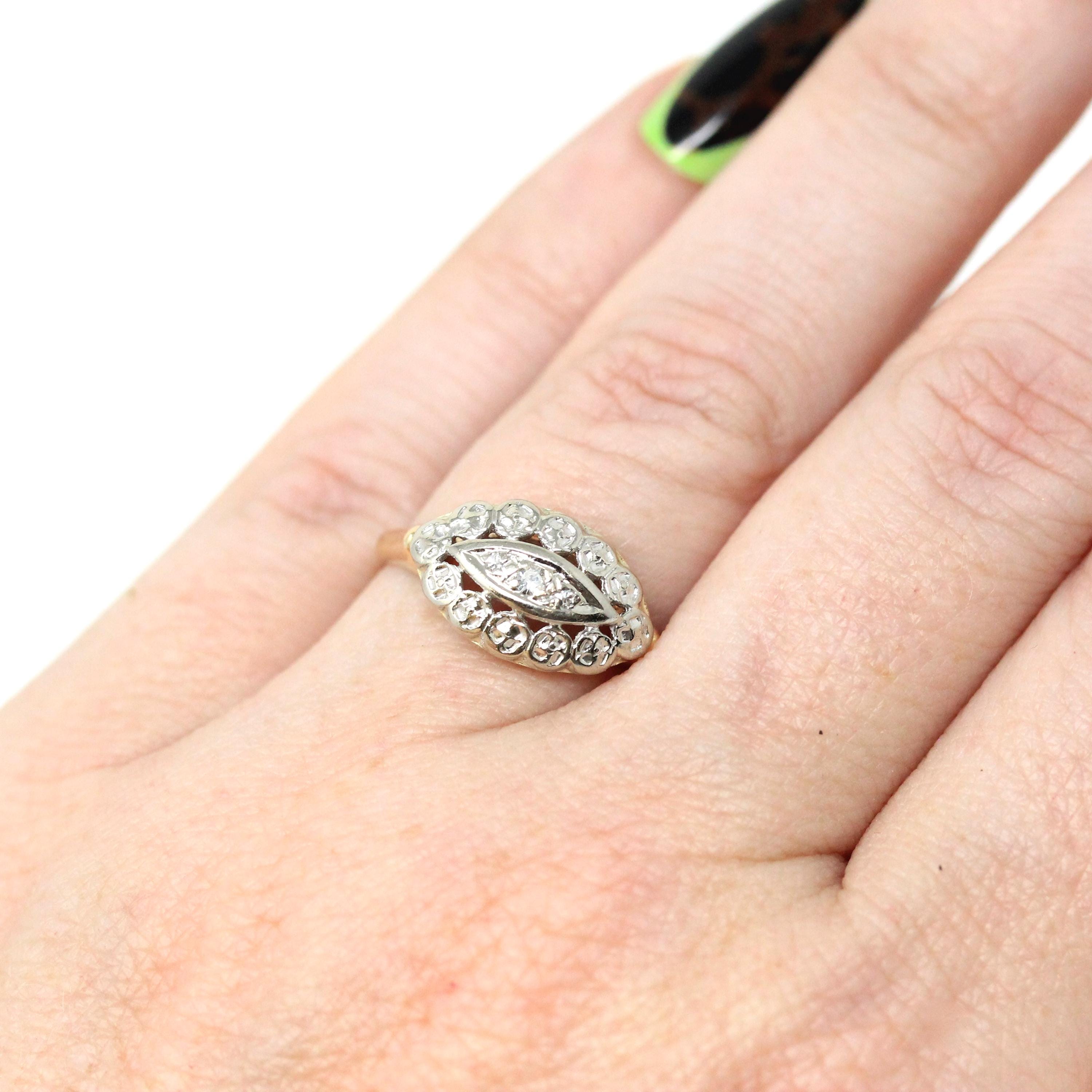 Vintage Princess Ring - Mid Century 14k Yellow & White Gold Diamonds Two Tone - Circa 1950s Era Size 5 1/4 Anniversary Berland Fine Jewelry