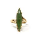 Nephrite Jade Ring - Retro 10k Yellow Gold Marquise Cut Natural Green Gemstone - Vintage Circa 1970s Era Size 6 1/2 Bypass Fine 70s Jewelry