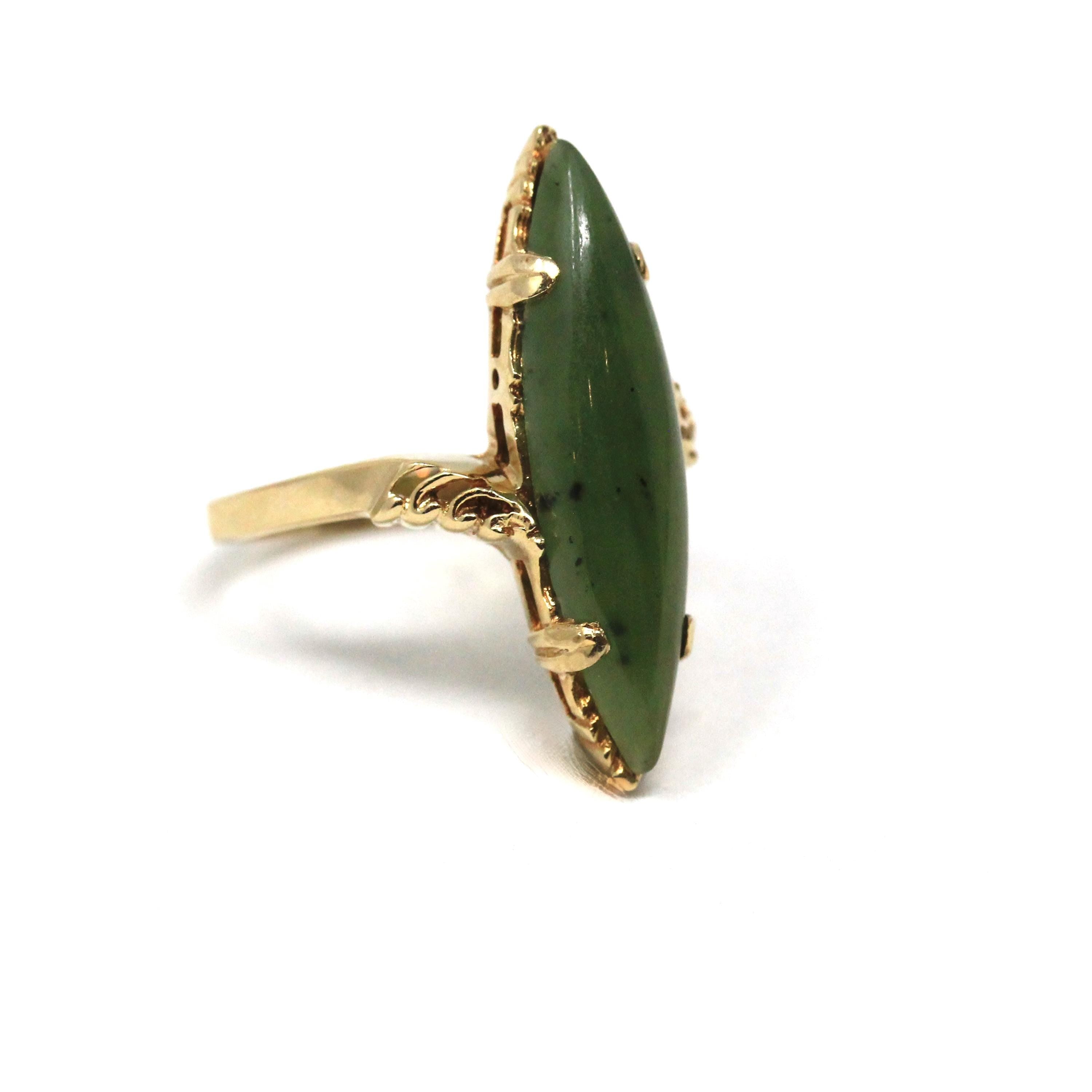 Nephrite Jade Ring - Retro 10k Yellow Gold Marquise Cut Natural Green Gemstone - Vintage Circa 1970s Era Size 6 1/2 Bypass Fine 70s Jewelry