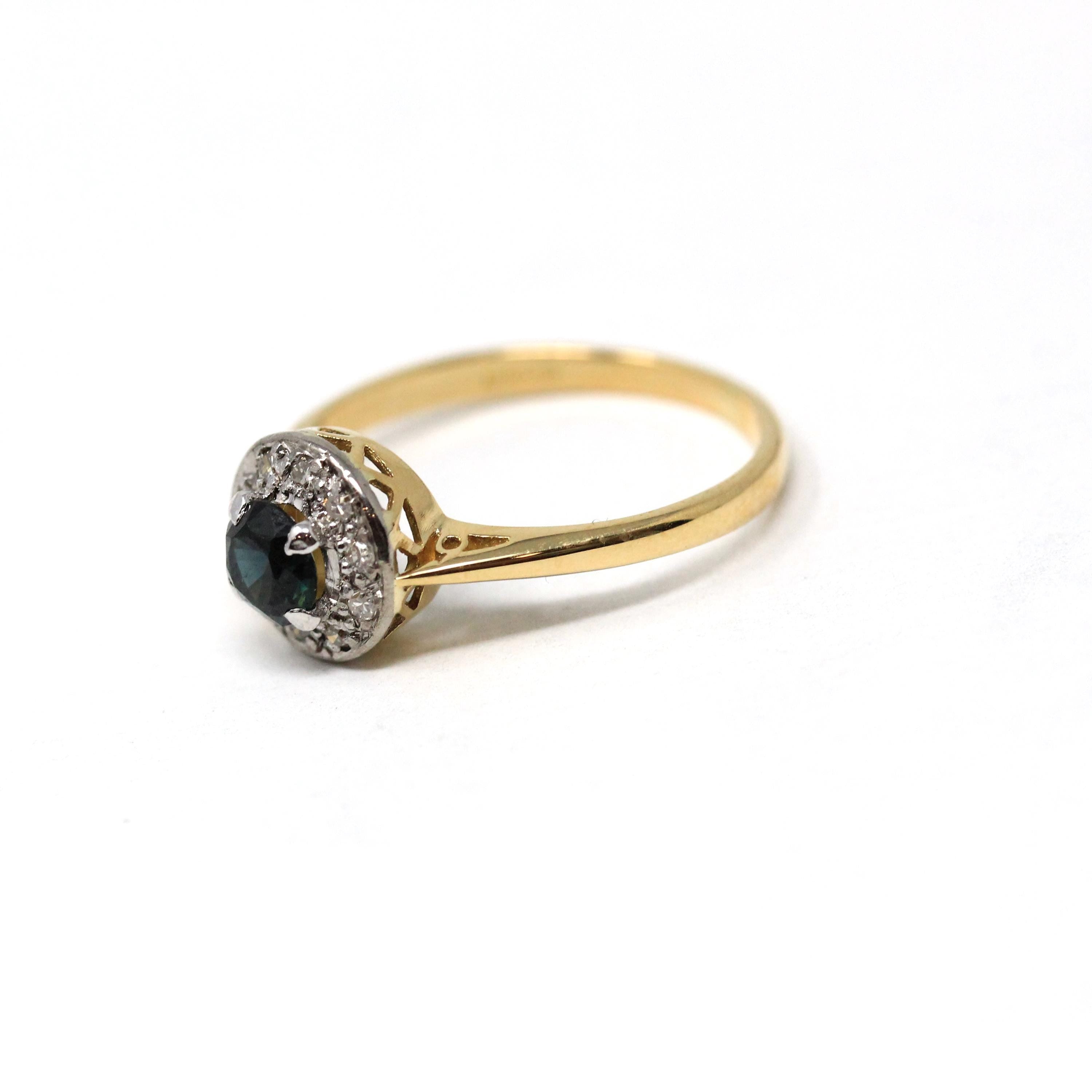 Vintage Engagement Ring - Retro Era 18k Yellow & White Gold Natural Sapphire And Diamond Halo - Circa 1960s Size 6 3/4 Fine Bridal Jewelry