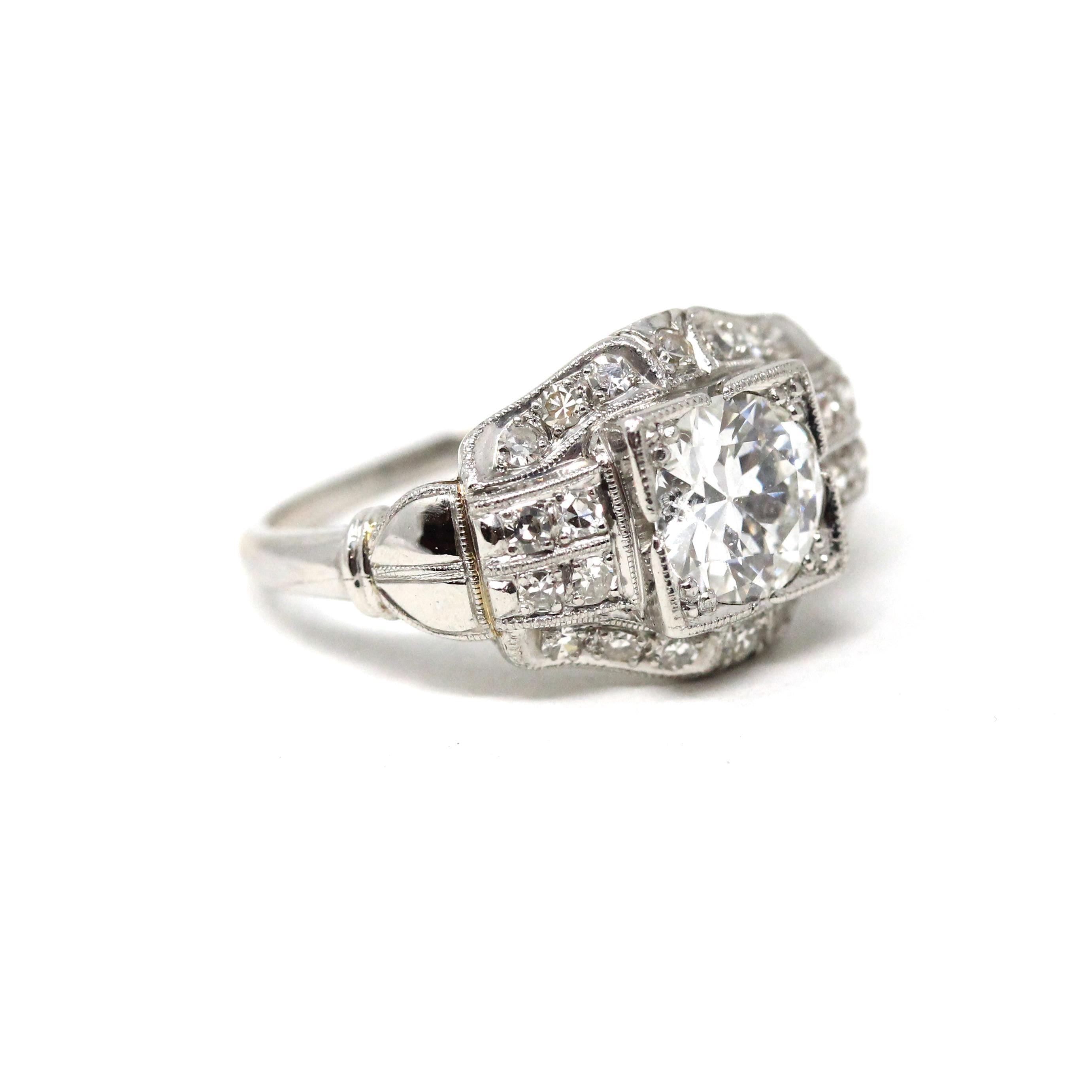 Art Deco Diamond Ring - Vintage Platinum 1.40 CTW Natural Gemstones - Circa 1930s Era Die Struck Geometric Size 7 Fine 30s Report Jewelry