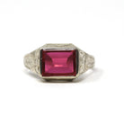 Art Deco Ring - Vintage 14k White Gold Rectangular Created Ruby Gemstone - Circa 1930s Size 10 1/4 Men's Unisex Bow Wheat Fine 30s Jewelry