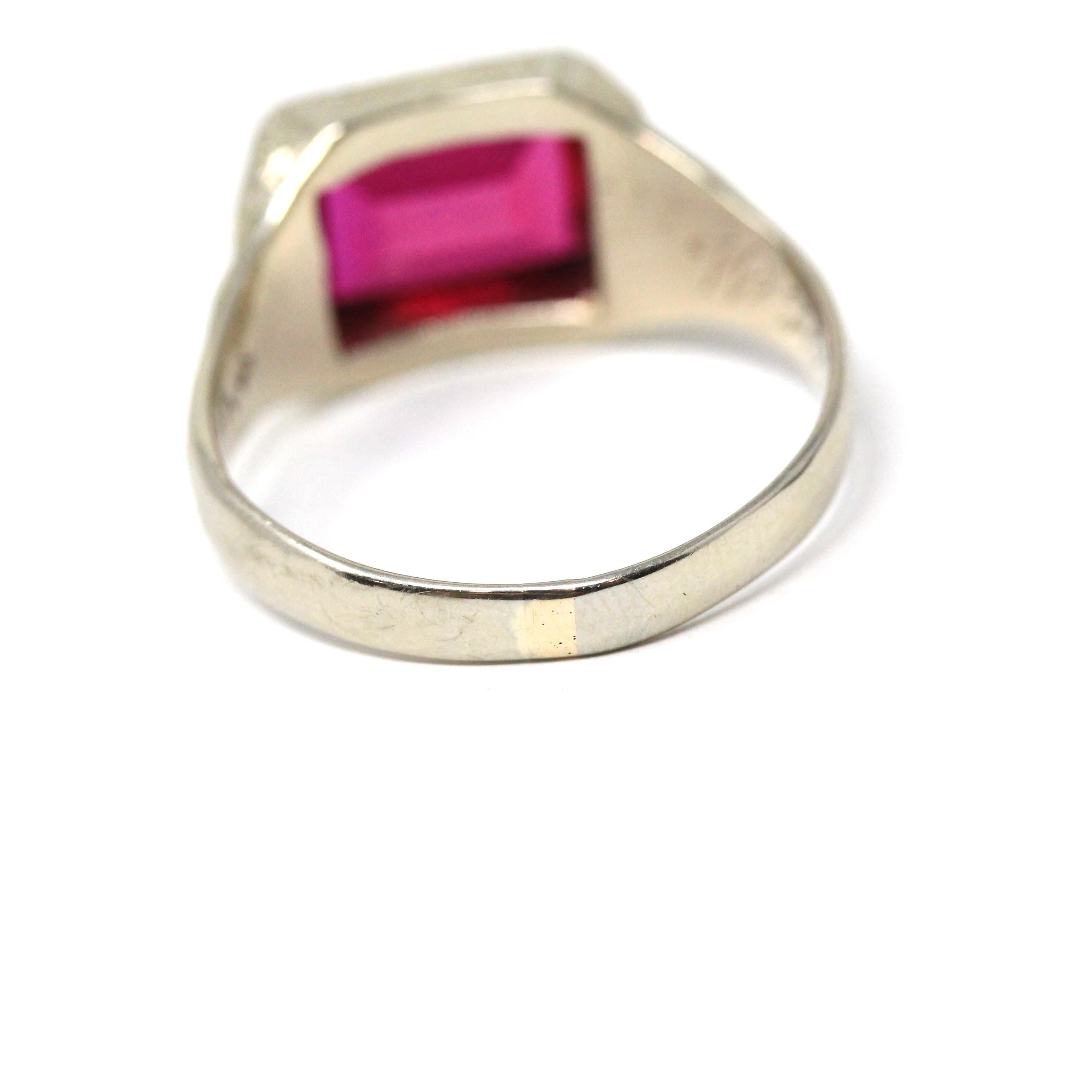 Art Deco Ring - Vintage 14k White Gold Rectangular Created Ruby Gemstone - Circa 1930s Size 10 1/4 Men's Unisex Bow Wheat Fine 30s Jewelry