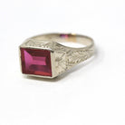 Art Deco Ring - Vintage 14k White Gold Rectangular Created Ruby Gemstone - Circa 1930s Size 10 1/4 Men's Unisex Bow Wheat Fine 30s Jewelry