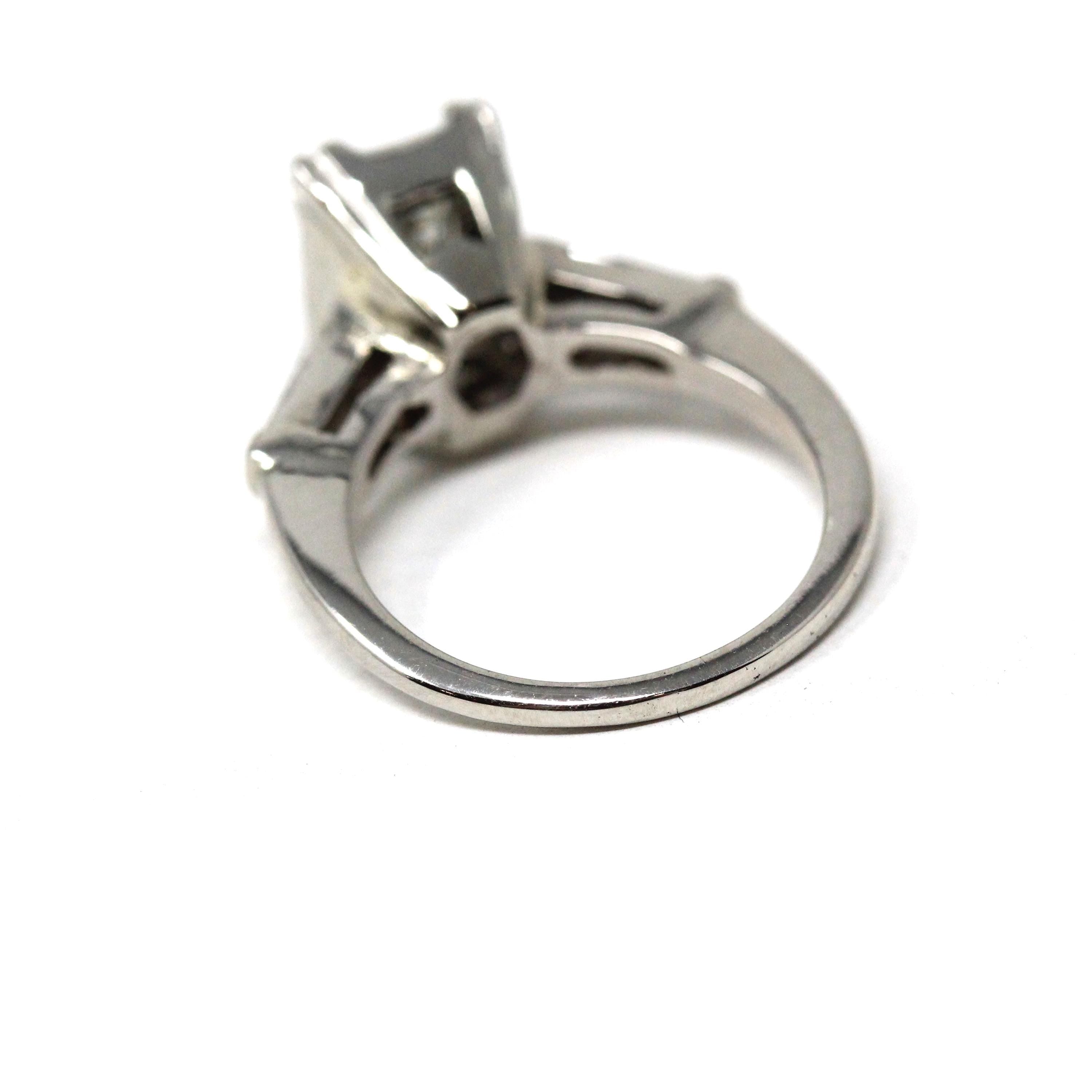 Vintage 1.57 ctw Diamond Ring - Mid Century Platinum Emerald Baguette Cut Natural Diamonds - Circa 1950s Size 4 1/4 Report Fine Jewelry