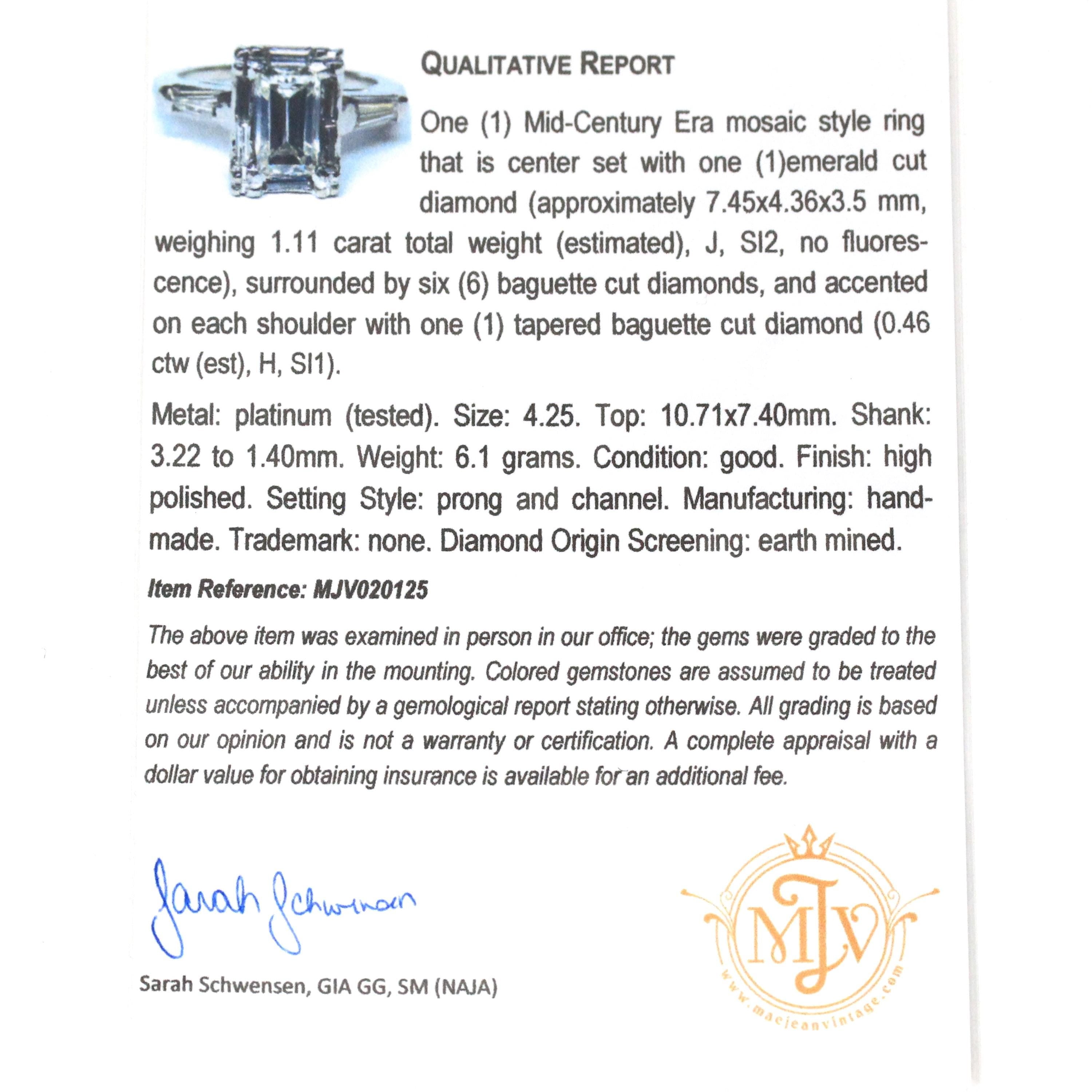 Vintage 1.57 ctw Diamond Ring - Mid Century Platinum Emerald Baguette Cut Natural Diamonds - Circa 1950s Size 4 1/4 Report Fine Jewelry