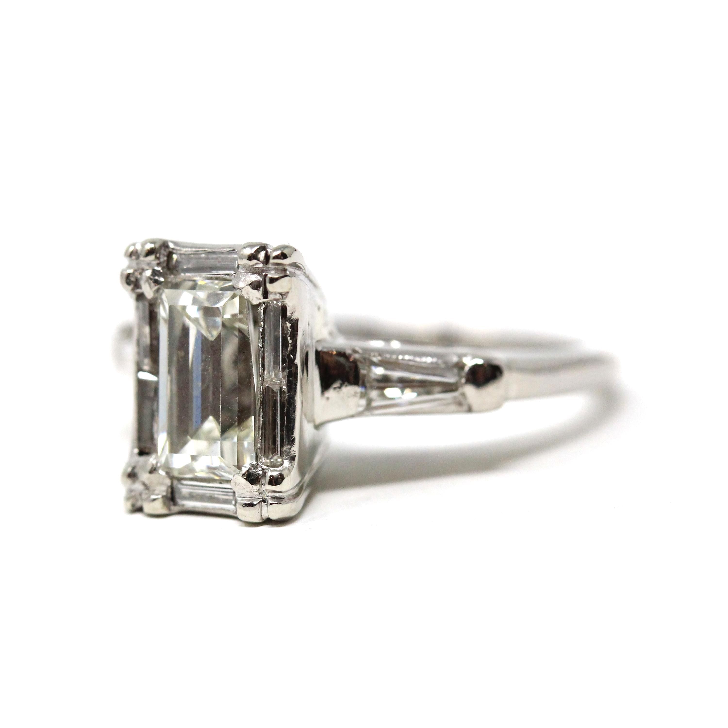 Vintage 1.57 ctw Diamond Ring - Mid Century Platinum Emerald Baguette Cut Natural Diamonds - Circa 1950s Size 4 1/4 Report Fine Jewelry