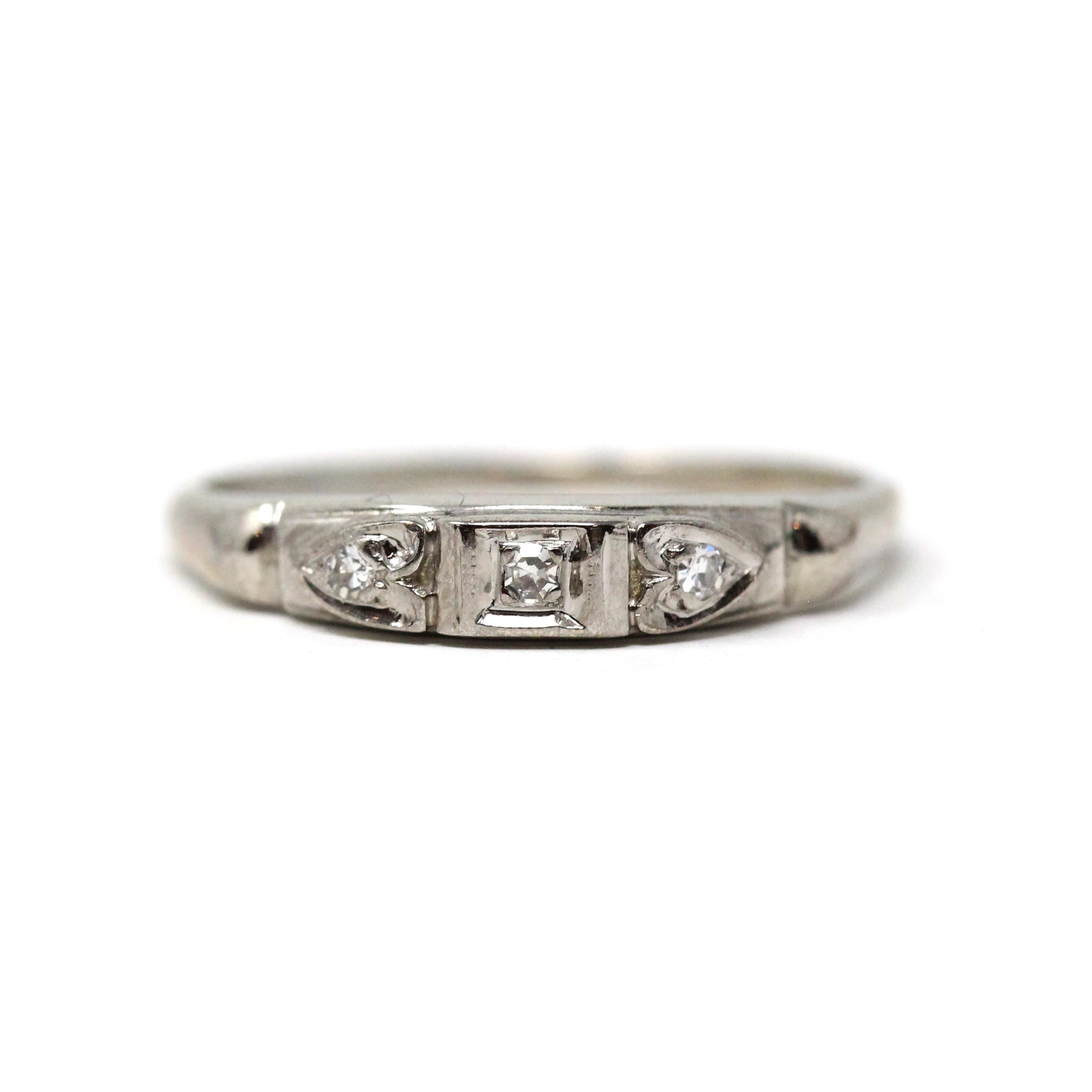 Mid-Century Diamond Band - 14k White Gold Natural Round Single Cut Gemstones Ring - Circa 1950s Era Size 5 3/4 Fine Wedding Bridal Jewelry
