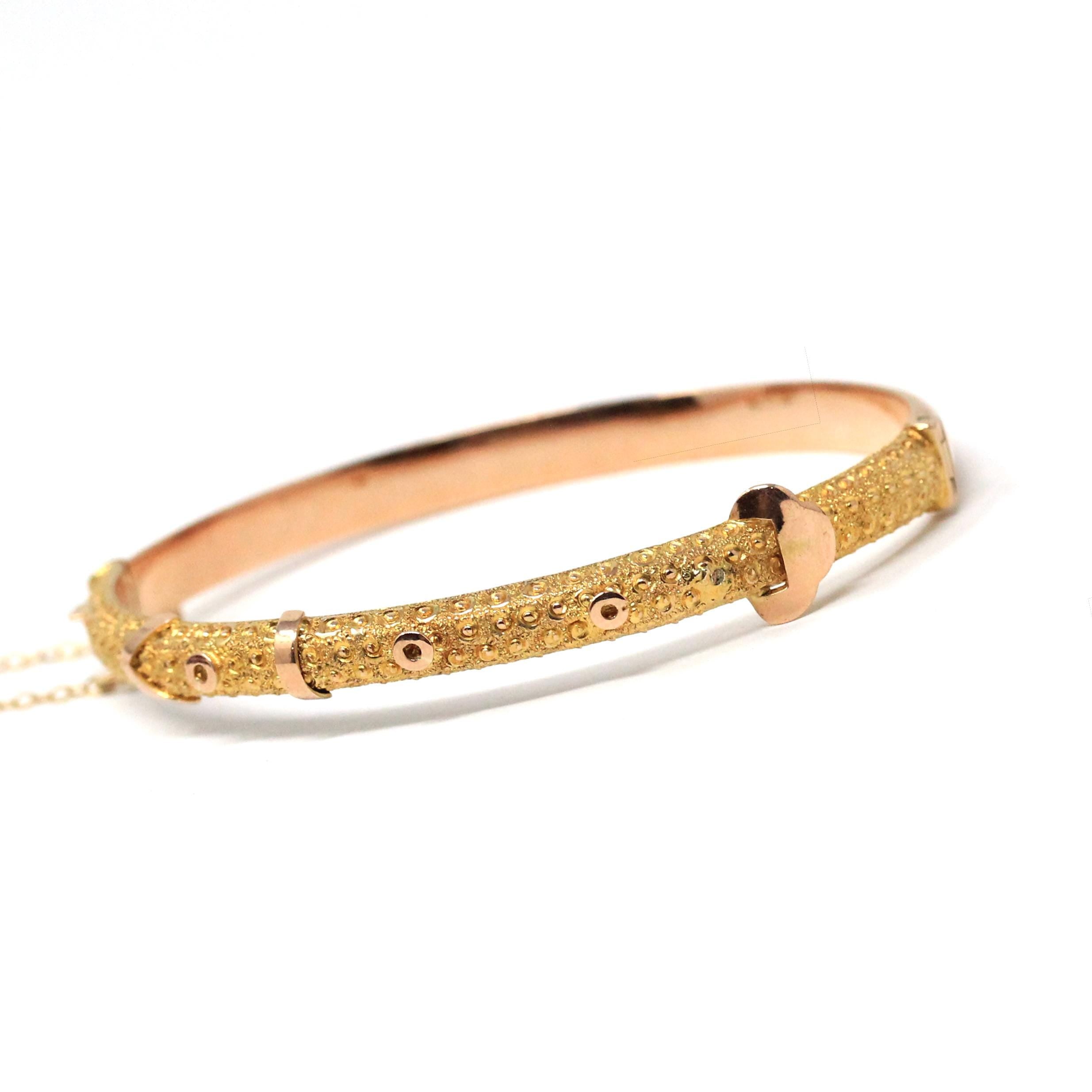 Antique Buckle Bracelet - Victorian 9k Yellow Gold Hinged Textured Belt Bangle - Circa 1890s Era Original Box By Allworthy Bros Fine Jewelry