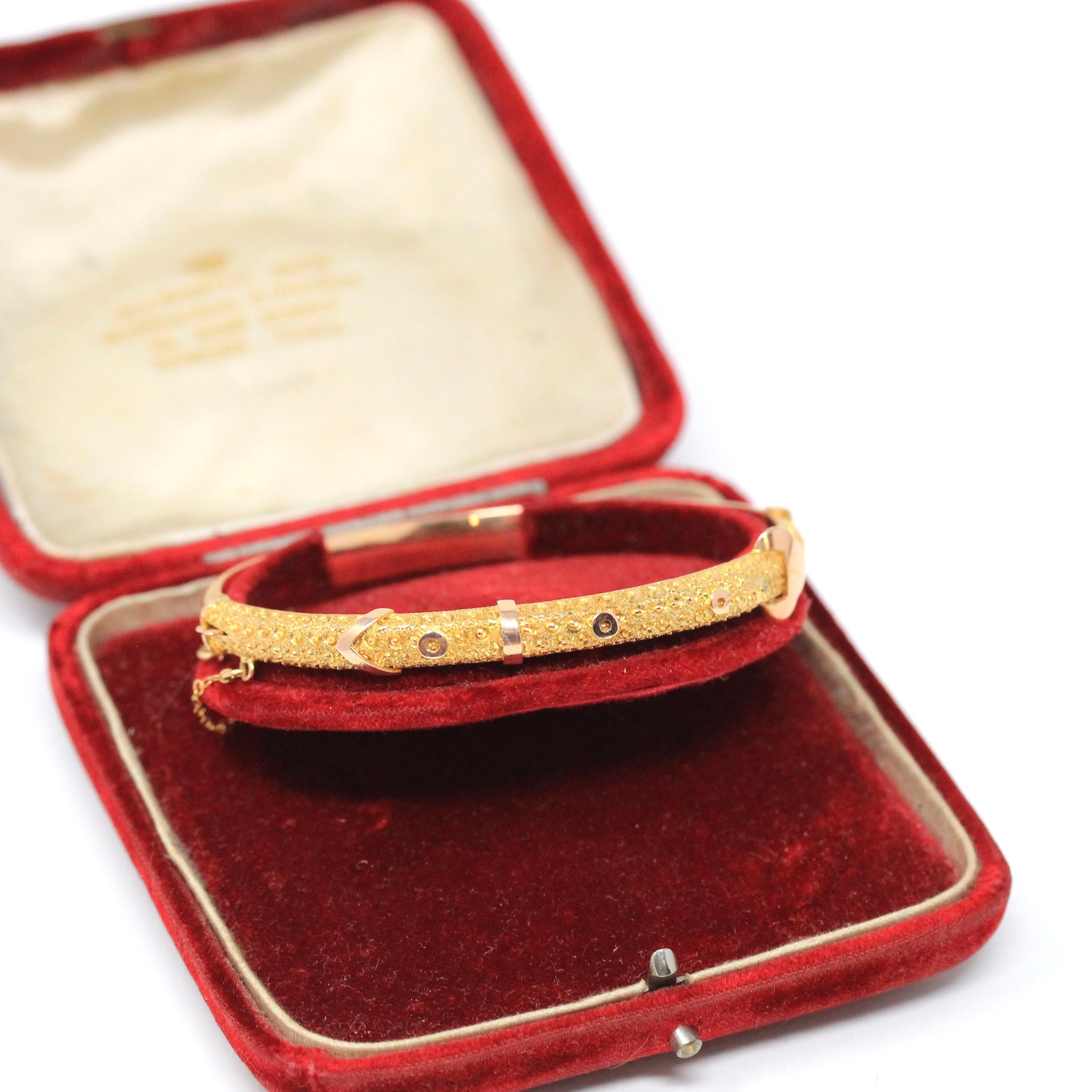 Antique Buckle Bracelet - Victorian 9k Yellow Gold Hinged Textured Belt Bangle - Circa 1890s Era Original Box By Allworthy Bros Fine Jewelry