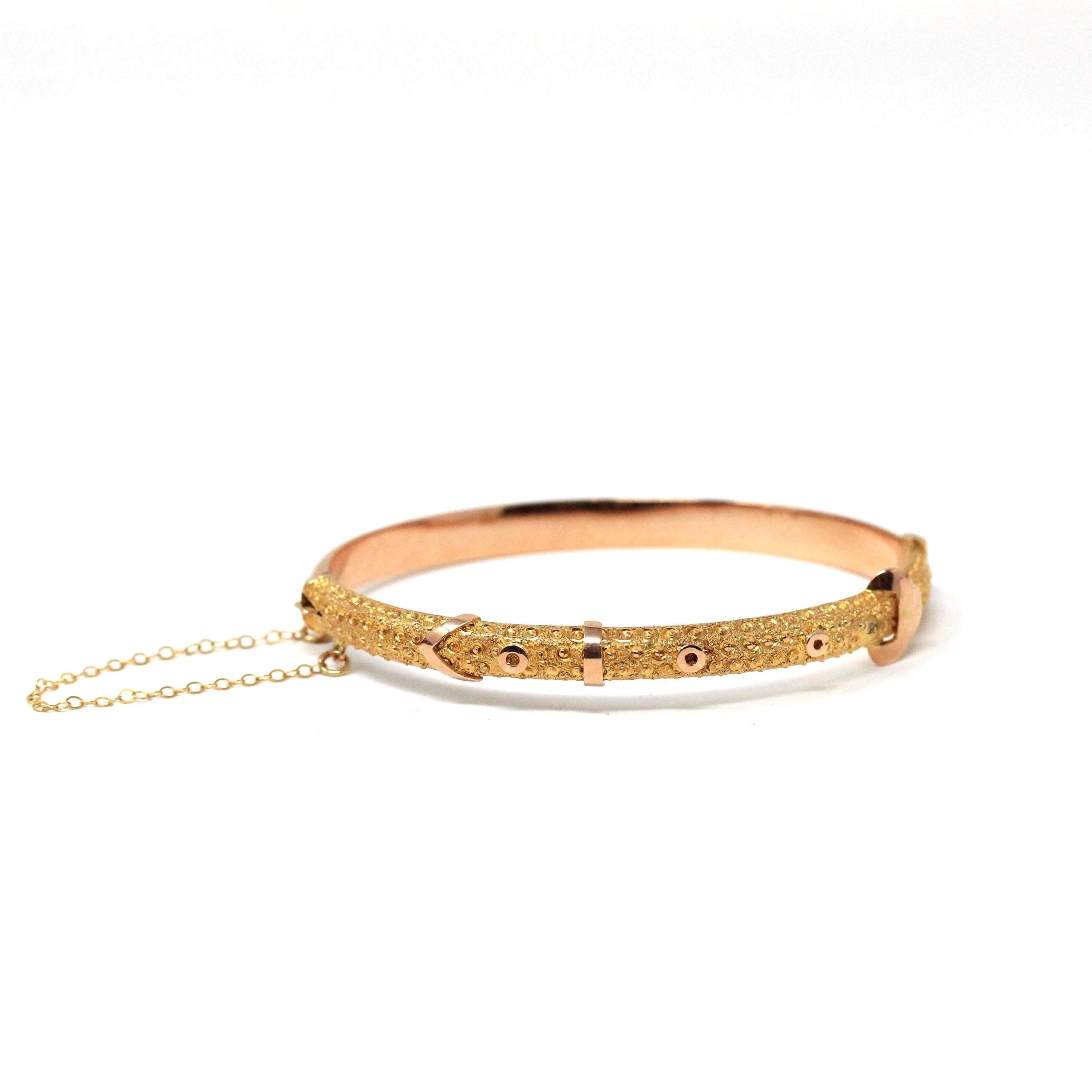 Antique Buckle Bracelet - Victorian 9k Yellow Gold Hinged Textured Belt Bangle - Circa 1890s Era Original Box By Allworthy Bros Fine Jewelry