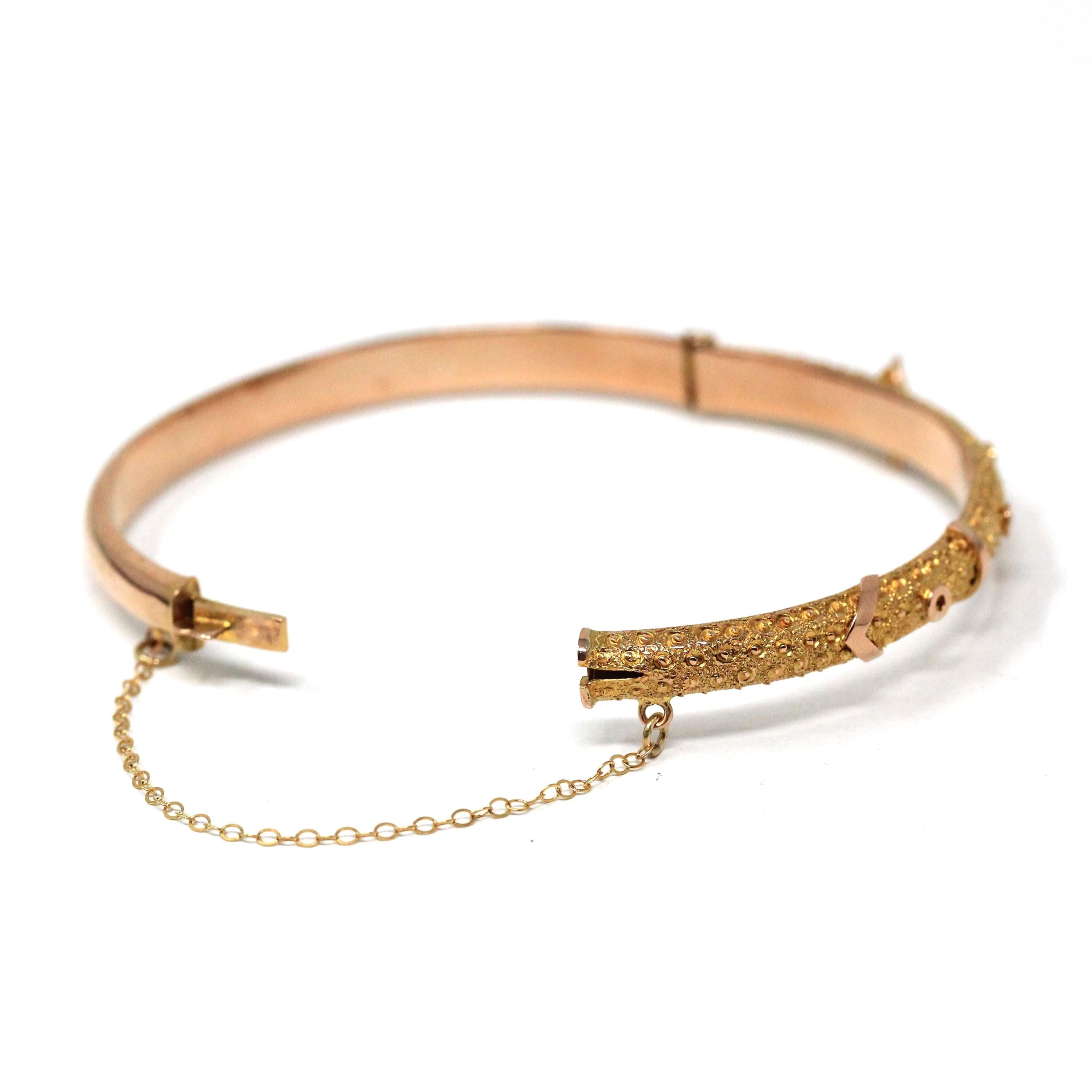 Antique Buckle Bracelet - Victorian 9k Yellow Gold Hinged Textured Belt Bangle - Circa 1890s Era Original Box By Allworthy Bros Fine Jewelry