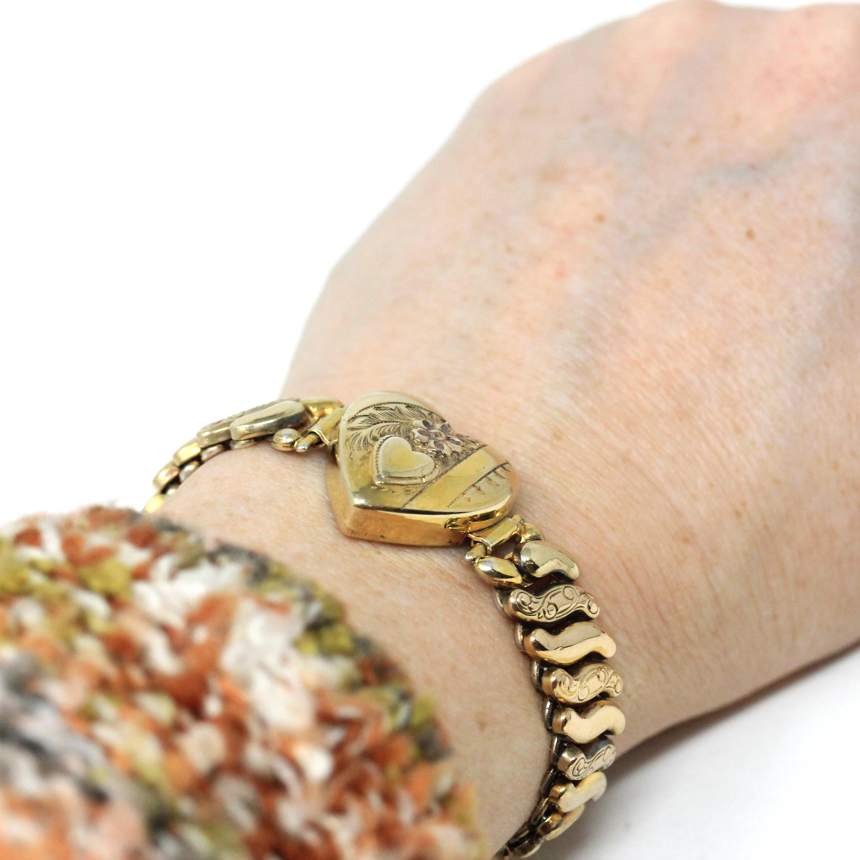 Vintage Expansion Bracelet - Retro 10k Gold Filled Sterling Base Heart Flower Stretch Links - Circa 1940s Era Statement Co Star 40s Jewelry