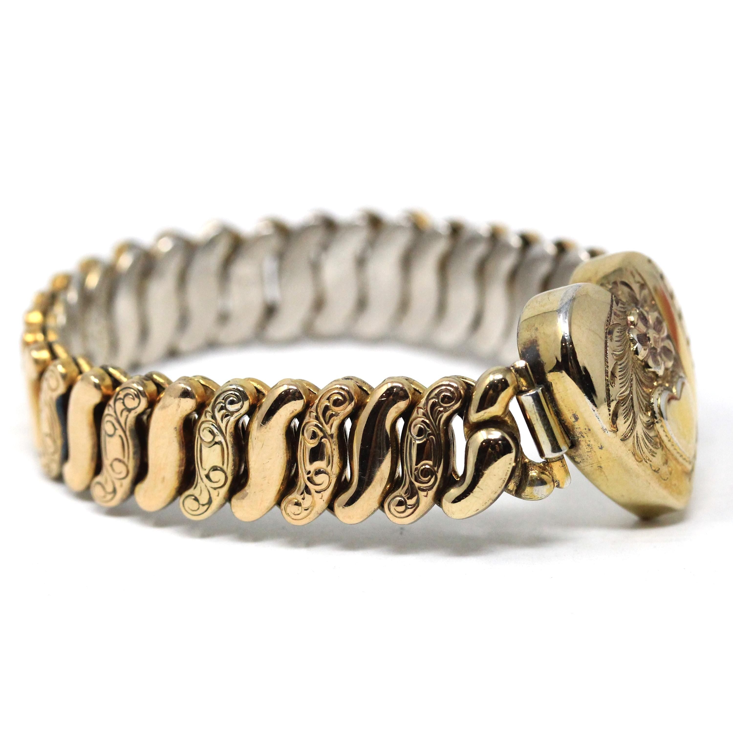 Vintage Expansion Bracelet - Retro 10k Gold Filled Sterling Base Heart Flower Stretch Links - Circa 1940s Era Statement Co Star 40s Jewelry