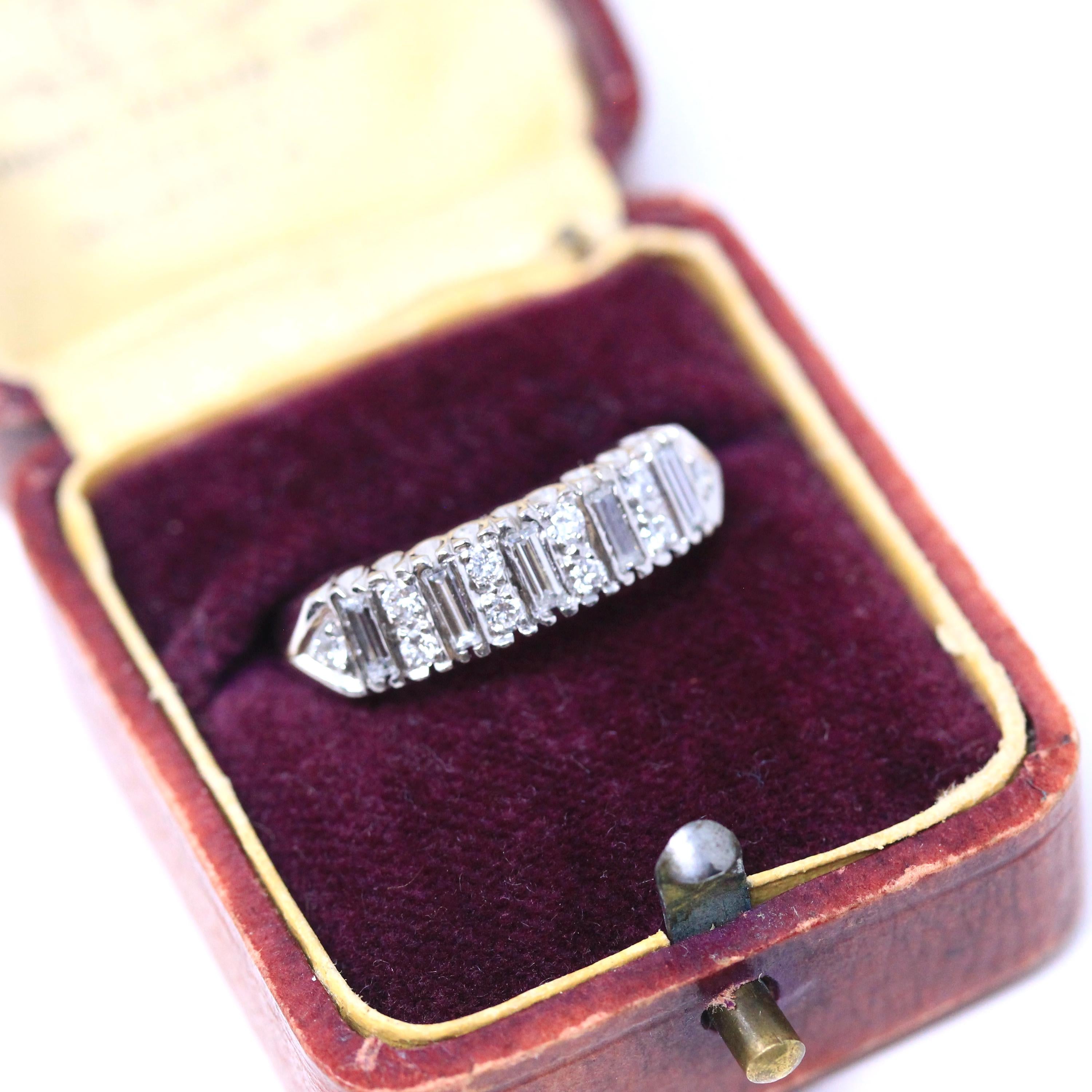 Mid Century Diamond Band - Vintage Platinum Natural Baguette Round Cut Gemstones Wedding Bridal Ring - Circa 1960s Size 7 1/4 Fine Jewelry