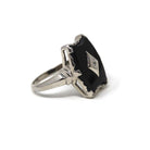 Mid Century Onyx Ring - Vintage 10k White Gold Fancy Cut Black Chalcedony & Diamond Gemstone - Circa 1960s Era Size 7 1/4 Fine 60s Jewelry