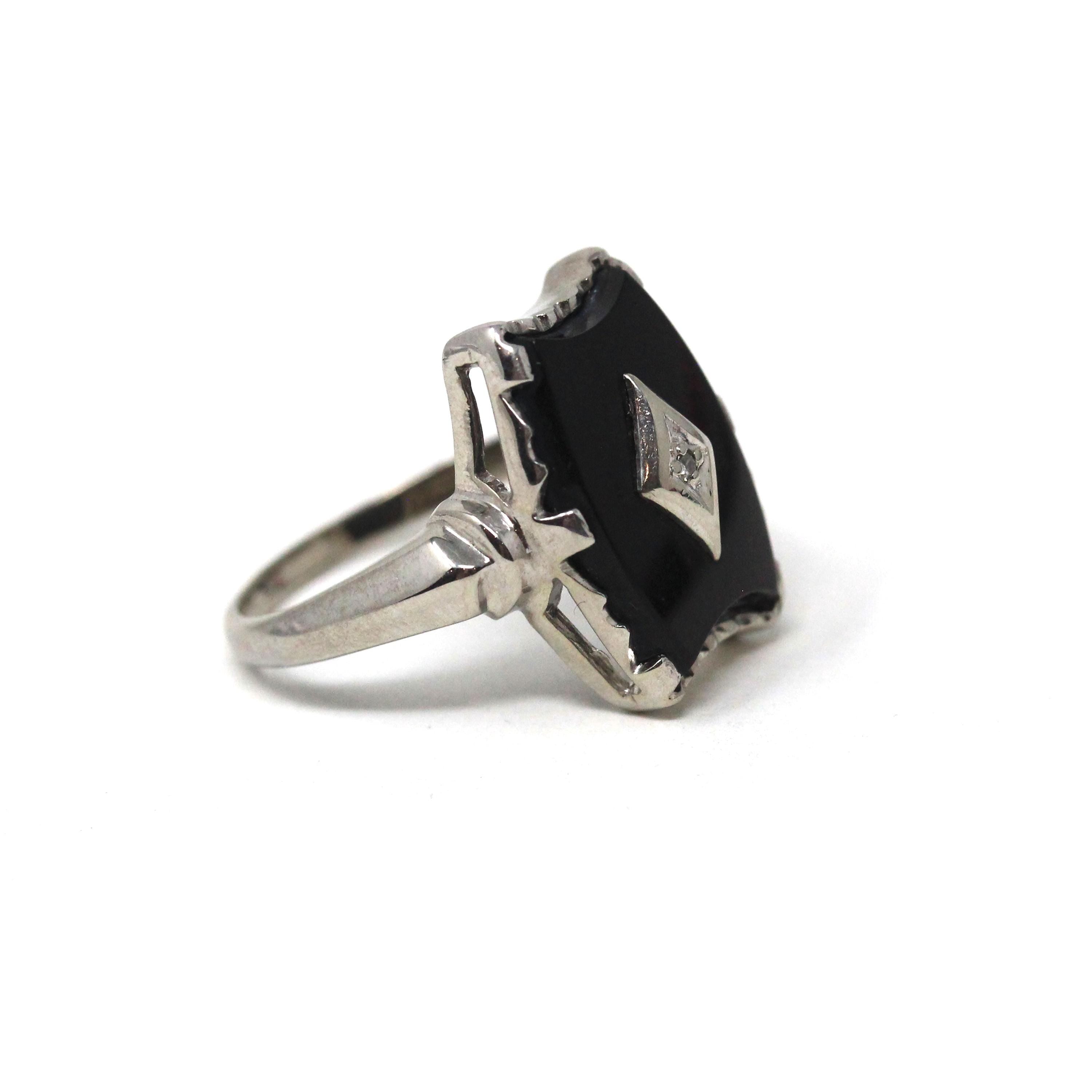 Mid Century Onyx Ring - Vintage 10k White Gold Fancy Cut Black Chalcedony & Diamond Gemstone - Circa 1960s Era Size 7 1/4 Fine 60s Jewelry