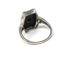 Mid Century Onyx Ring - Vintage 10k White Gold Fancy Cut Black Chalcedony & Diamond Gemstone - Circa 1960s Era Size 7 1/4 Fine 60s Jewelry