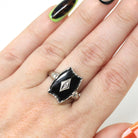 Mid Century Onyx Ring - Vintage 10k White Gold Fancy Cut Black Chalcedony & Diamond Gemstone - Circa 1960s Era Size 7 1/4 Fine 60s Jewelry