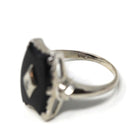 Mid Century Onyx Ring - Vintage 10k White Gold Fancy Cut Black Chalcedony & Diamond Gemstone - Circa 1960s Era Size 7 1/4 Fine 60s Jewelry