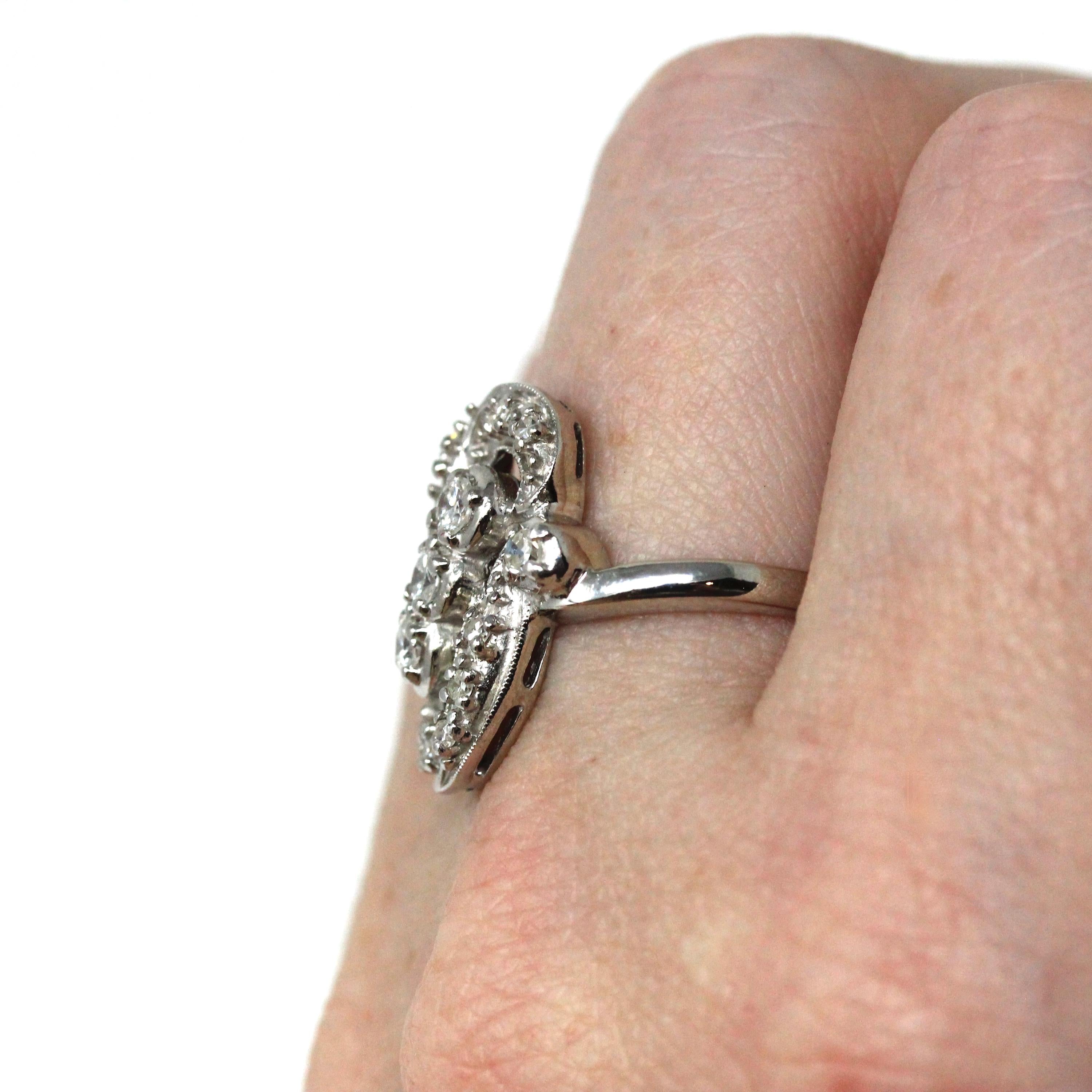 Diamond Cluster Ring - Estate 14k White Gold Natural Gems - Modern Mid Century Style Size 7 1/4 Vintage Inspired Halo Bypass Fine Jewelry