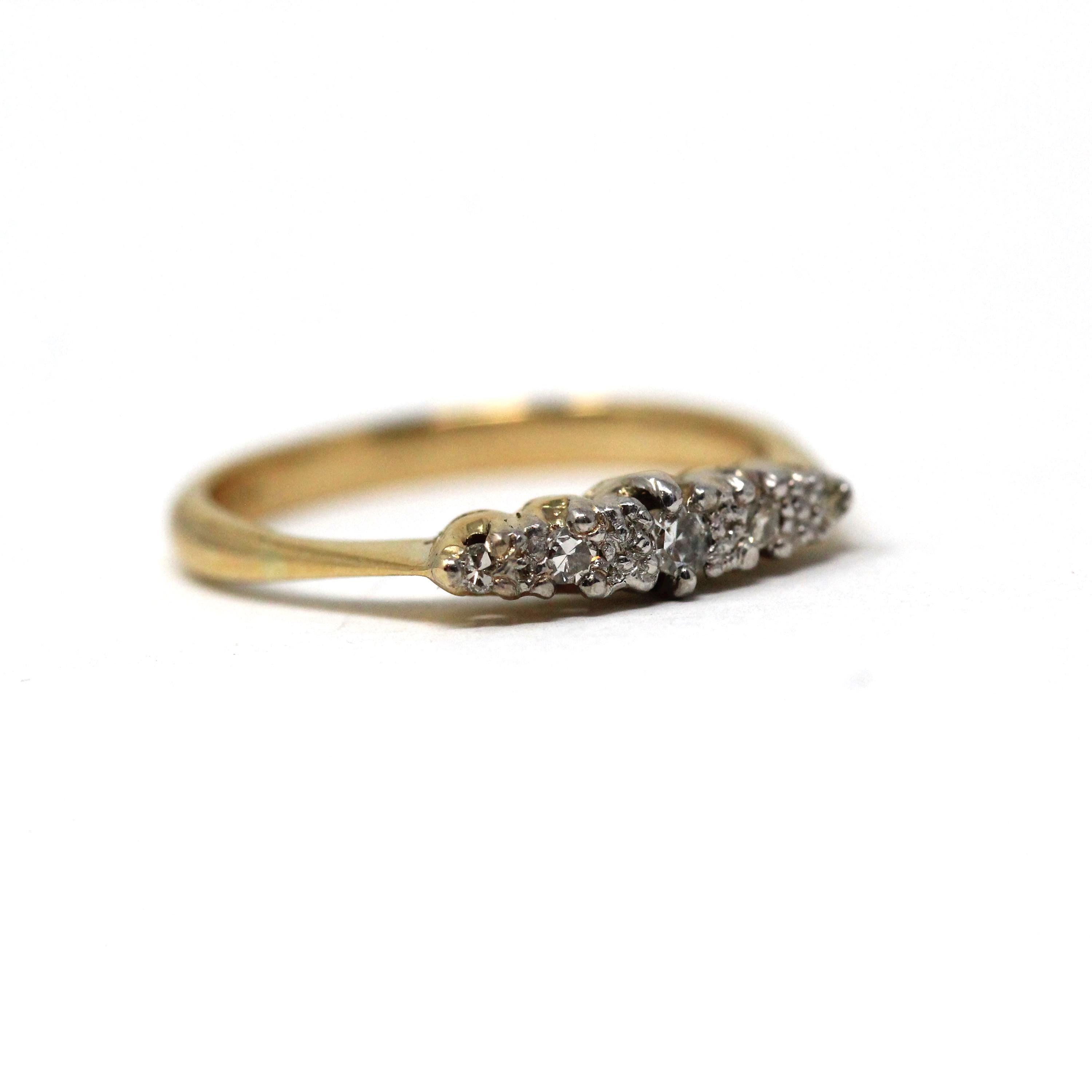 Vintage Diamond Ring - Mid Century 18k Yellow & White Gold Five Gemstones Wedding Band - Circa 1940s Size 5 Fine Statement Bridal Jewelry